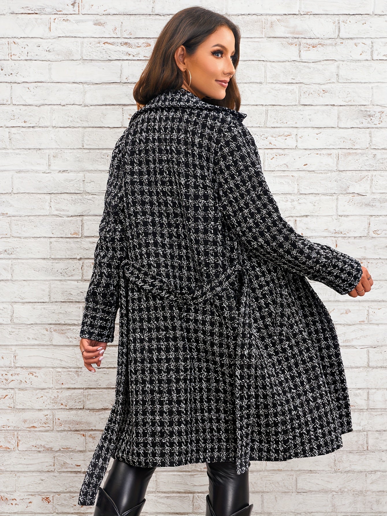 Houndstooth Pattern Double Breasted Overcoat, Elegant Lapel Long Sleeve Outerwear, Women's Clothing