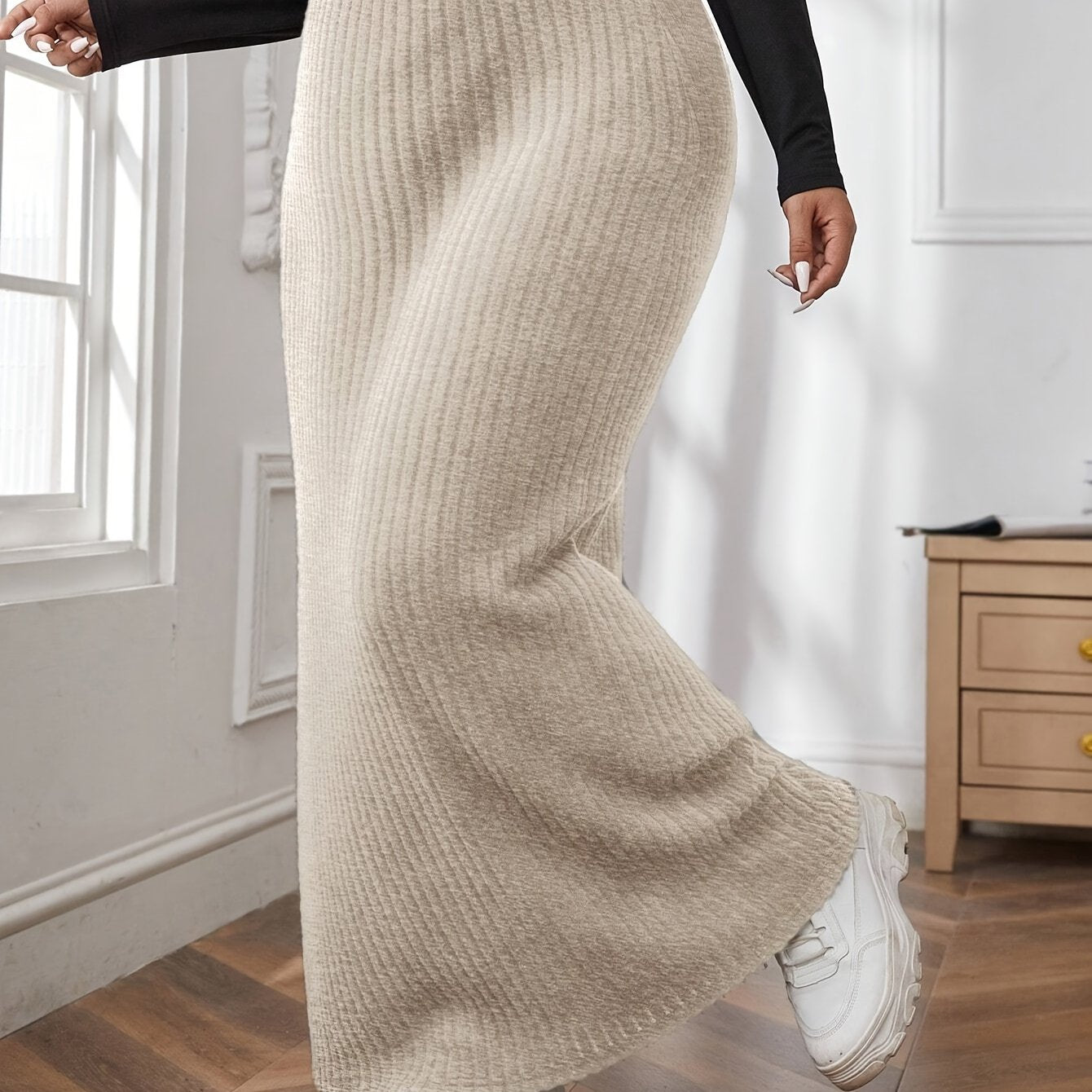 vlovelaw Plus Size Solid Ribbed Slim Skirt, Casual Every Day Elastic Waist Ankle Skirt, Women's Plus Size Clothing