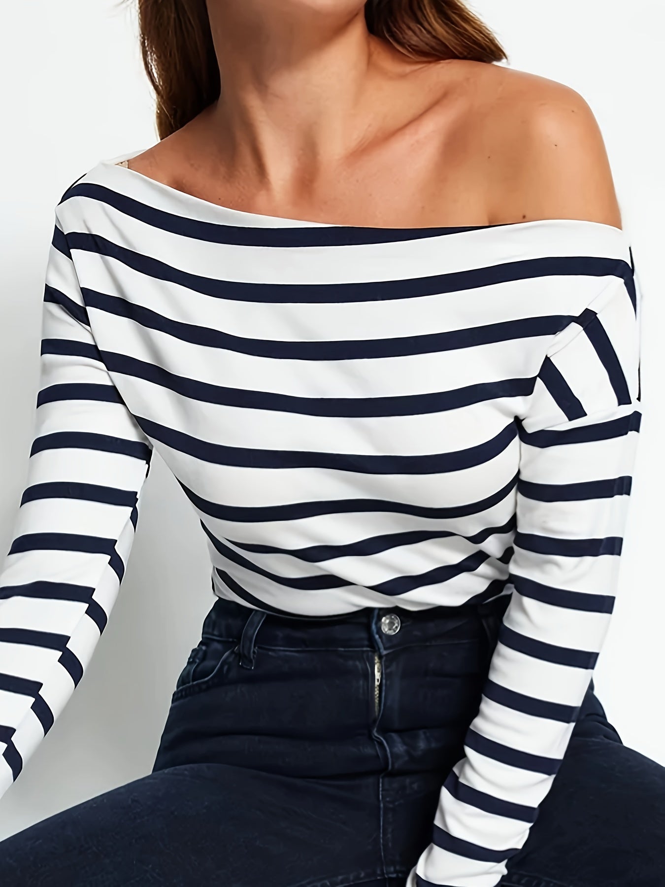 Striped Print One Shoulder T-Shirt, Long Sleeve Top For Spring & Fall, Women's Clothing