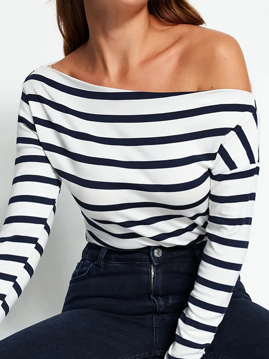 Striped Print One Shoulder T-Shirt, Long Sleeve Top For Spring & Fall, Women's Clothing