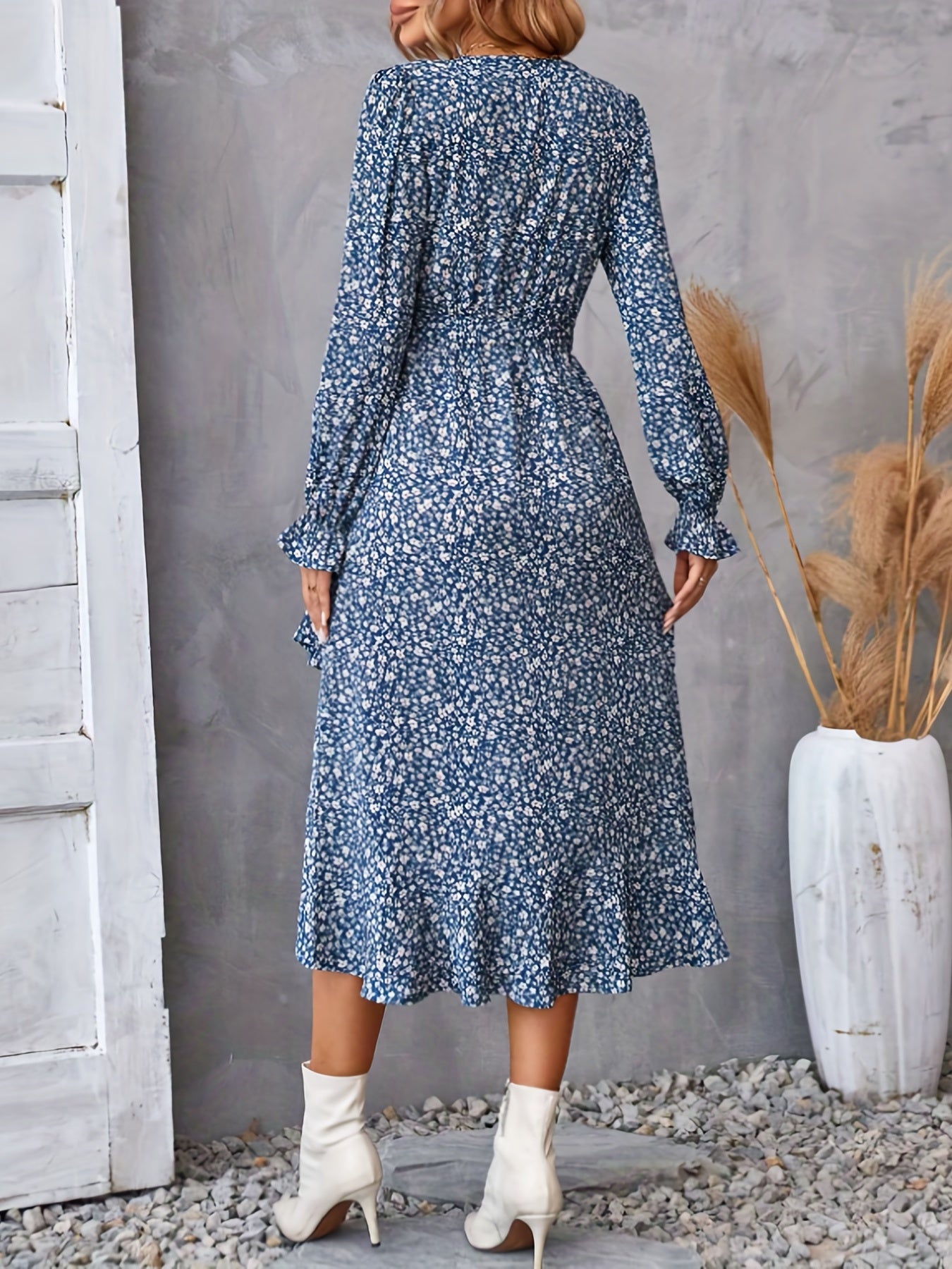 vlovelaw Floral Print Tie Waist V-neck Dress, Elegant Long Sleeve Asymmetrical Hem Dress, Women's Clothing