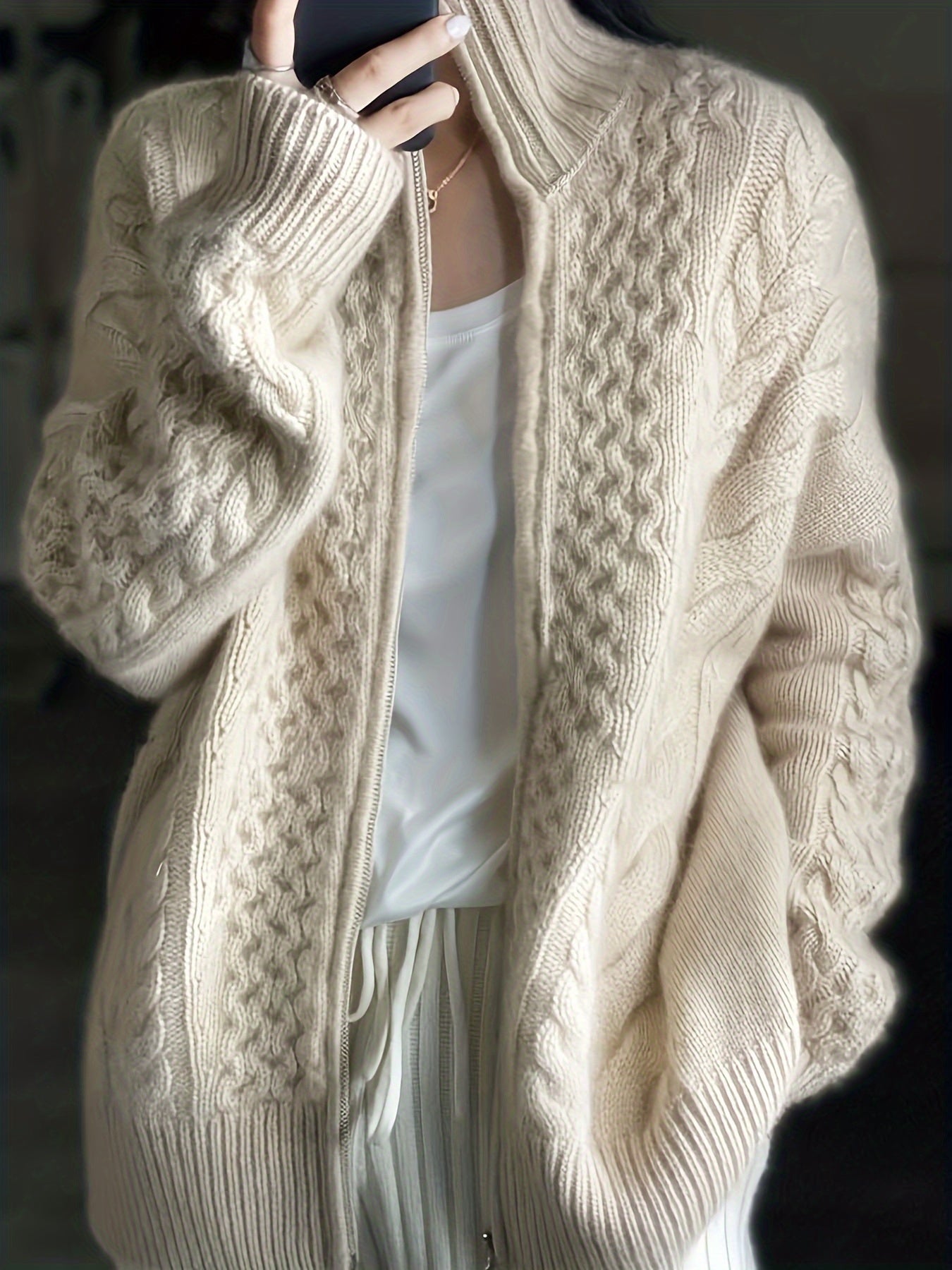 vlovelaw Cable Knit Zip Up Loose Cardigan, Casual Long Sleeve Turtle Neck Sweater Coat, Women's Clothing