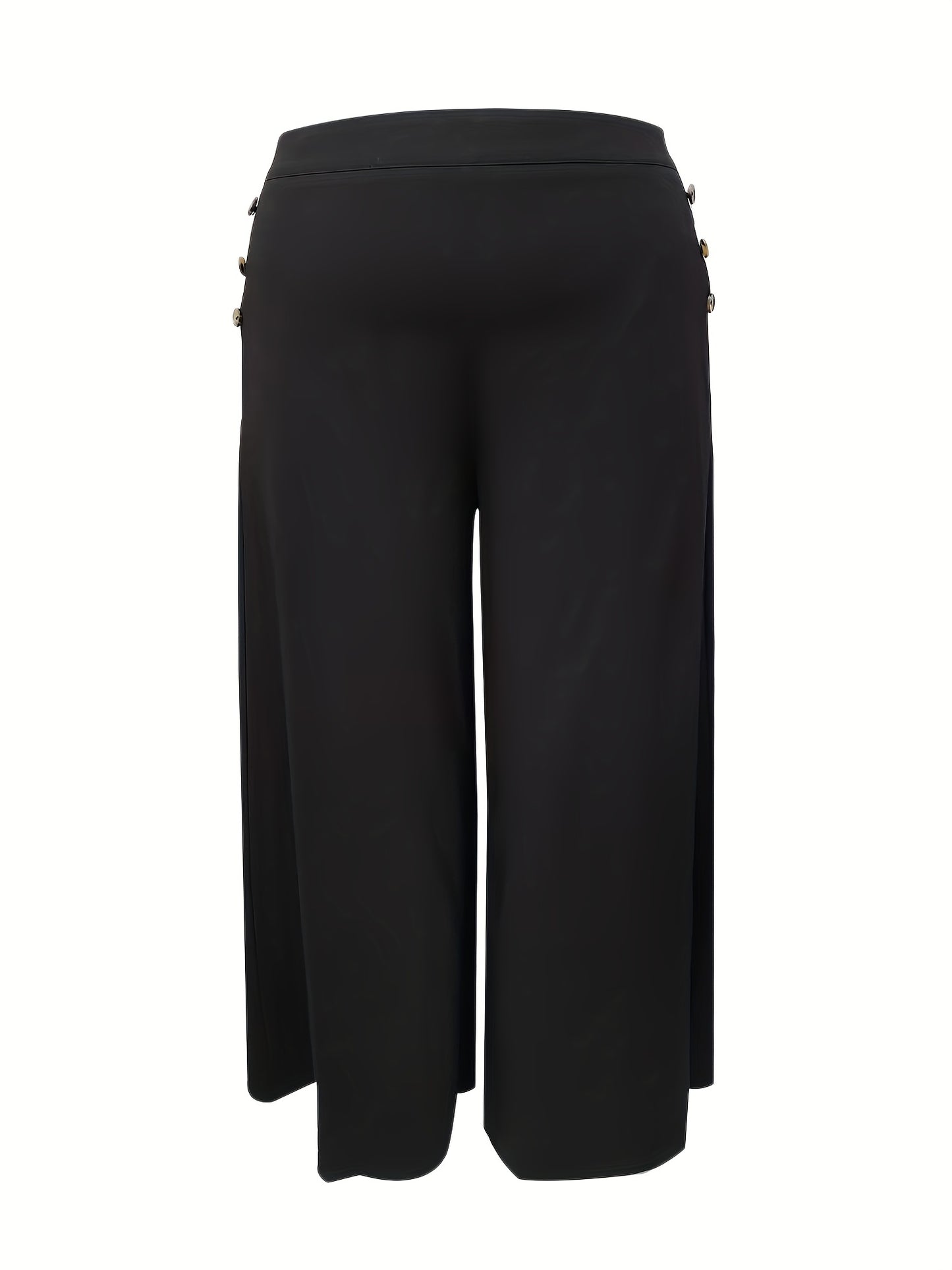 Plus Size Elegant Pants, Women's Plus Solid Mid Waisted Wide Leg Button Decor Loose Trousers