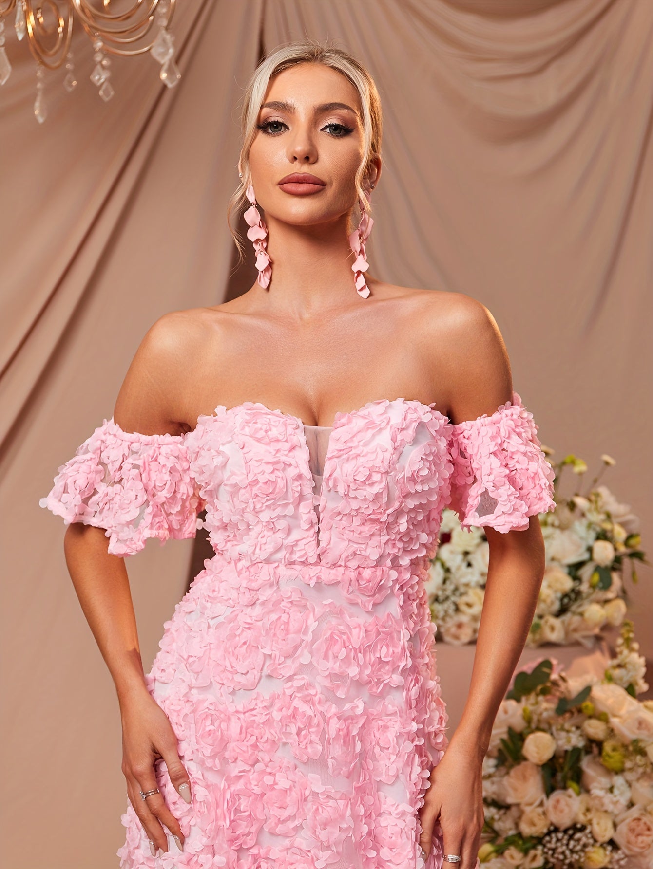 vlovelaw Sweetheart Neck Floral Dress, Puff Sleeve Off-shoulder Floor Length A-line Dress, Women's Clothing
