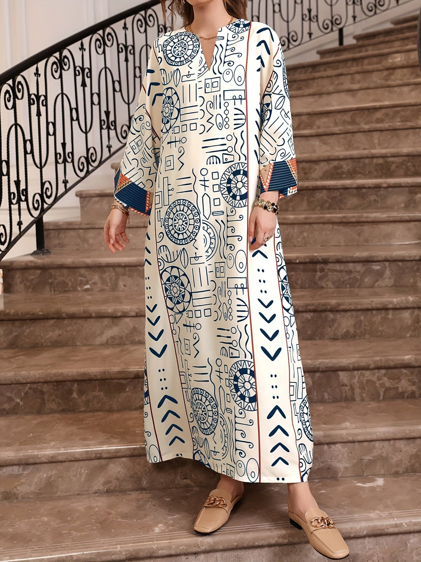 Graphic Print Notched Neck Abayas, Vintage Long Sleeve Maxi Length Dress, Women's Clothing