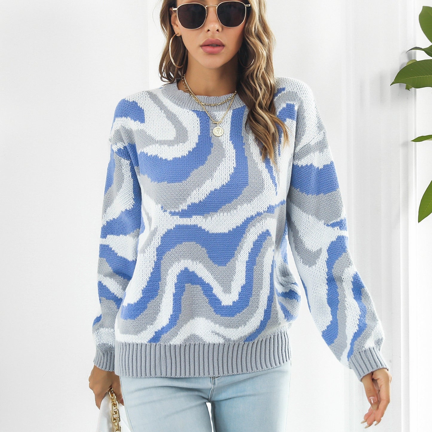 vlovelaw Women's Sweater Tie Dye Crew Neck Color Block Long Sleeve Loose Fall Winter Sweater