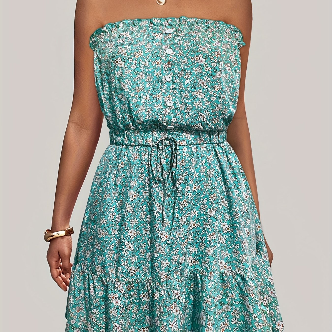 Ditsy Floral Off Shoulder Dress, Sexy Sleeveless Drawstring Summer Dress, Women's Clothing