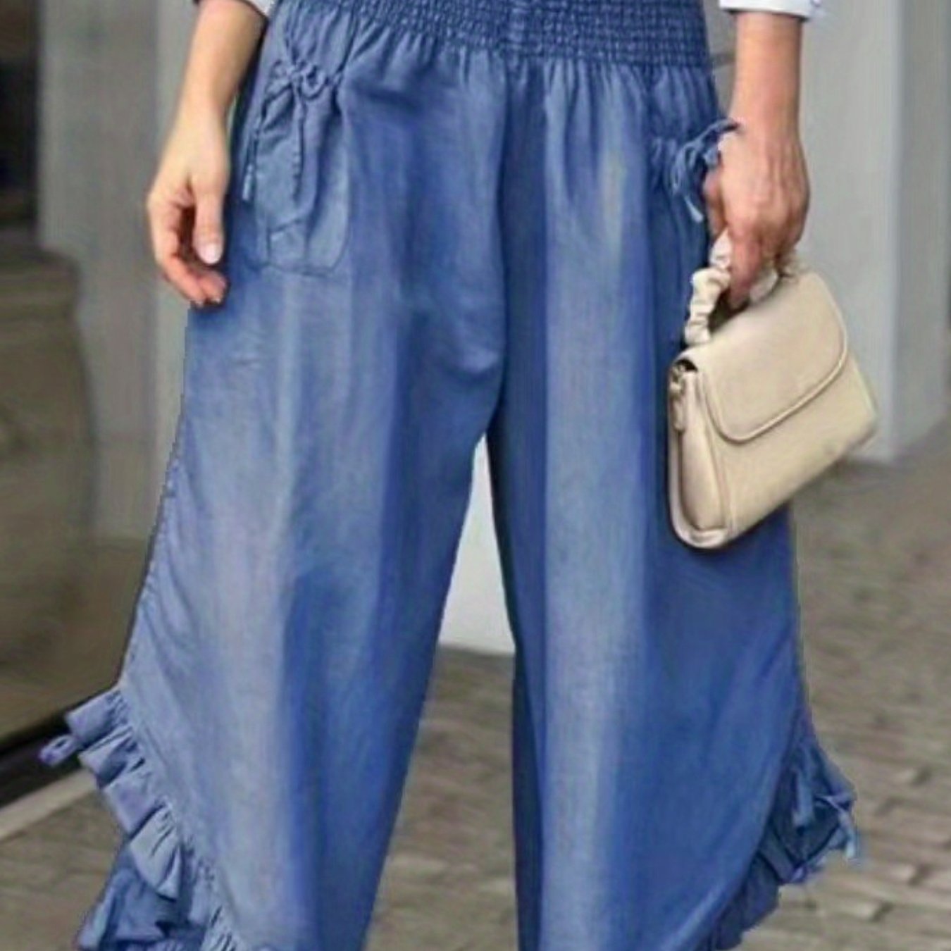 vlovelaw Shirred Waist Ruffle Trim Pants, Casual Solid Pockets Comfy Pants For Spring & Fall, Women's Clothing