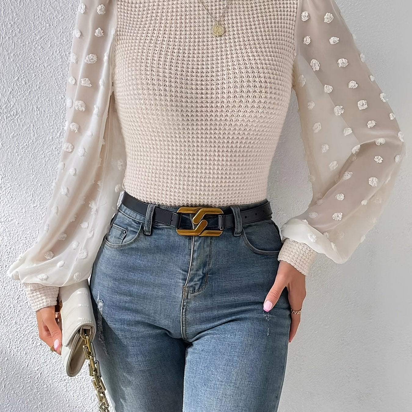vlovelaw Textured Lantern Sleeve Top, Elegant Mock Neck Top For Spring & Fall, Women's Clothing