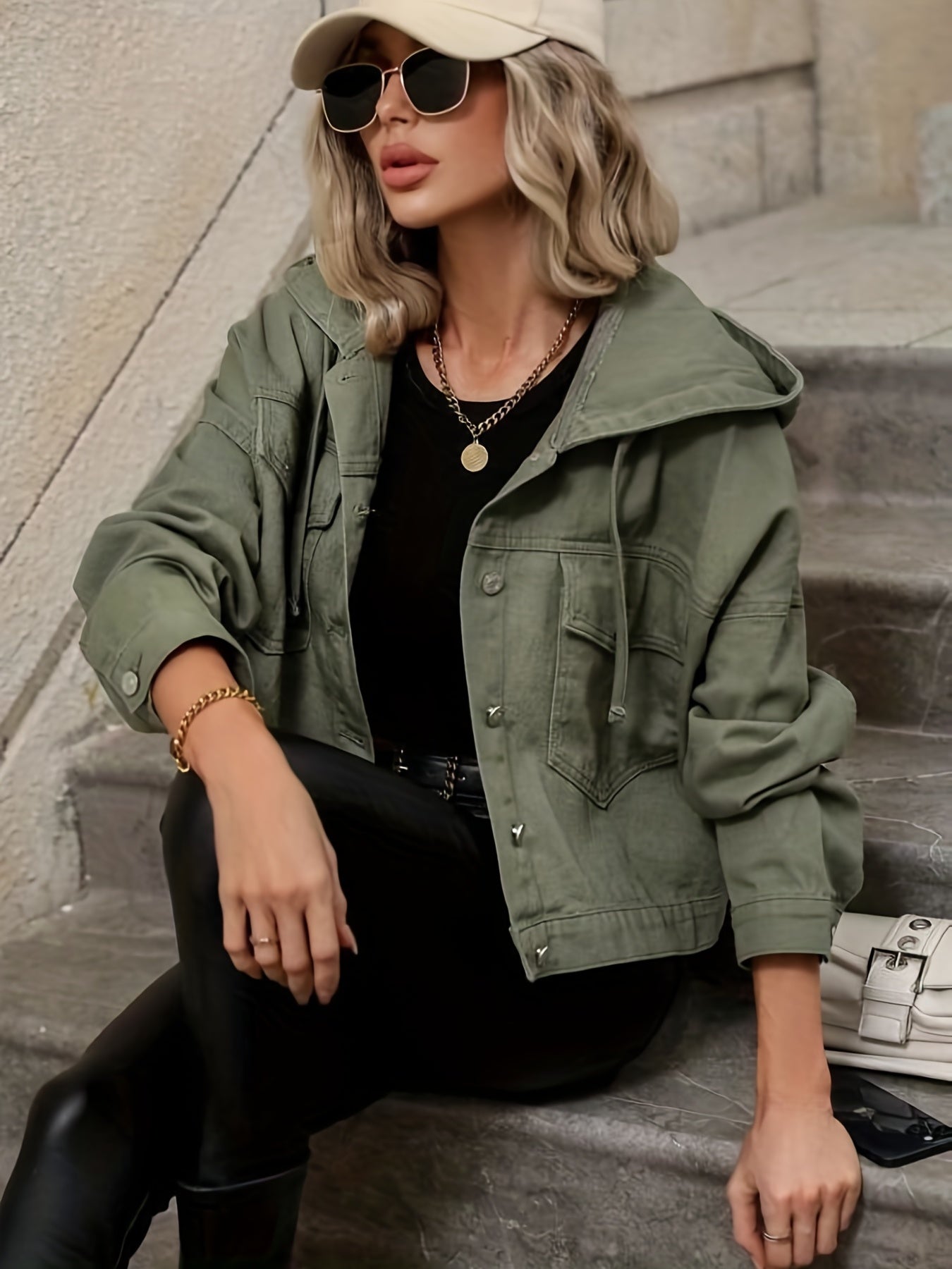 Green Long Sleeves Denim Jackets, Flap Pockets Non-Stretch Hooded Denim Coats, Women's Denim Clothing