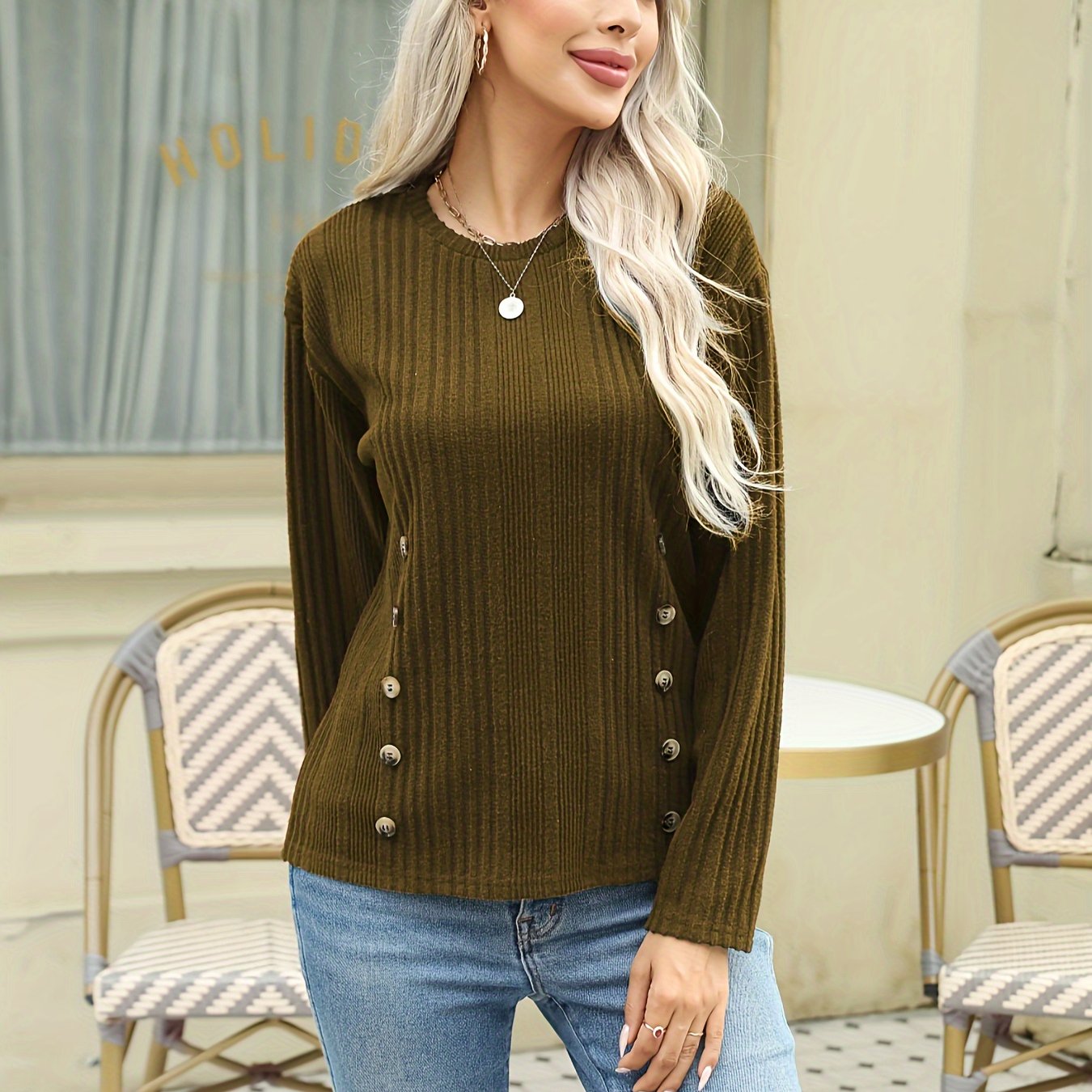 vlovelaw Ribbed Button Decor Crew Neck T-Shirt, Casual Long Sleeve Top For Spring & Fall, Women's Clothing