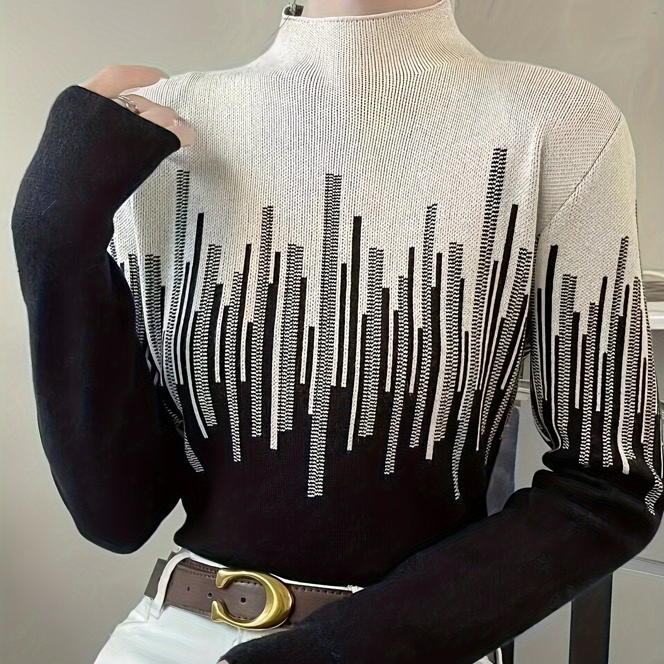Color Block Mock Neck Pullover Sweater, Elegant Long Sleeve Slim Fashion Sweater, Women's Clothing