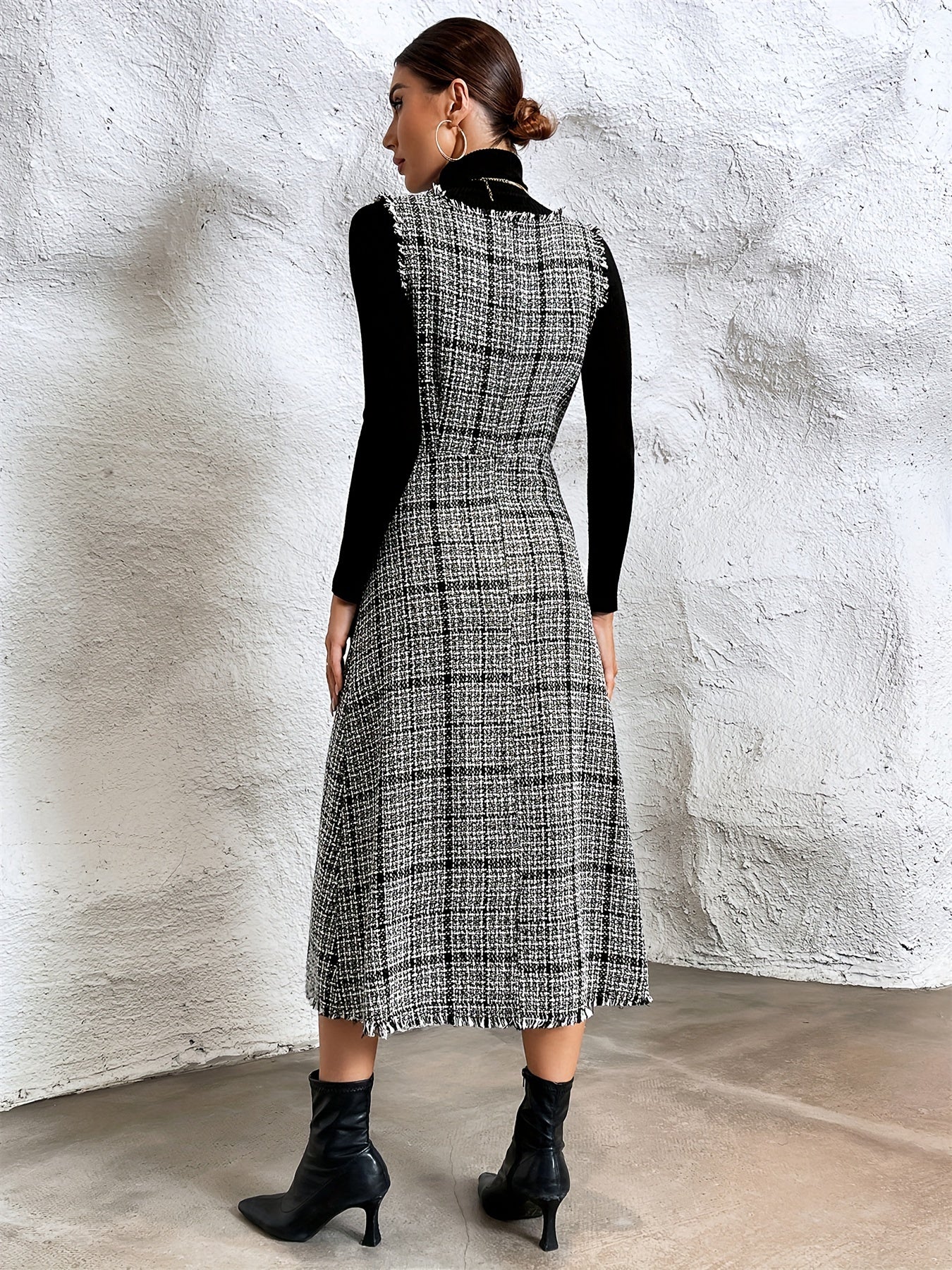 vlovelaw Plaid Print Raw Trim Overall Dress, Sleeveless V-neck Elegant Dress, Women's Clothing