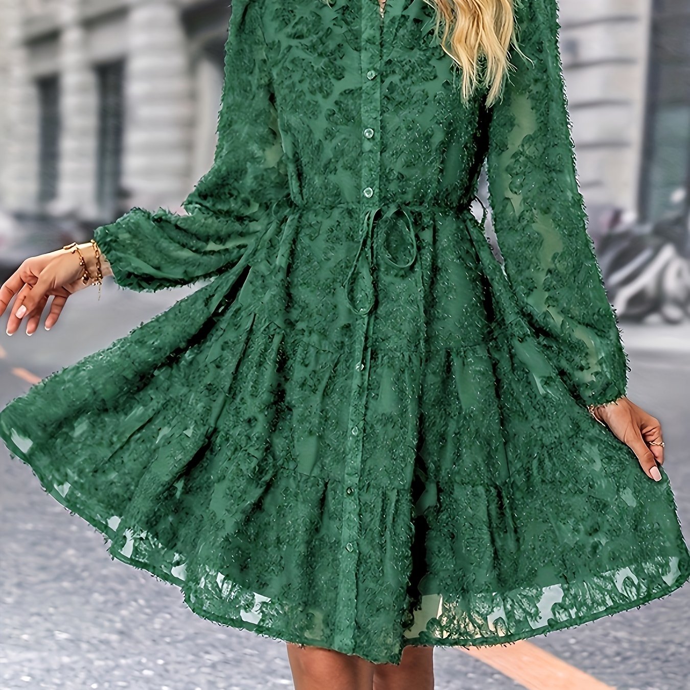vlovelaw Solid Floral Jacquard Dress, Elegant Button Front Long Sleeve Dress, Women's Clothing