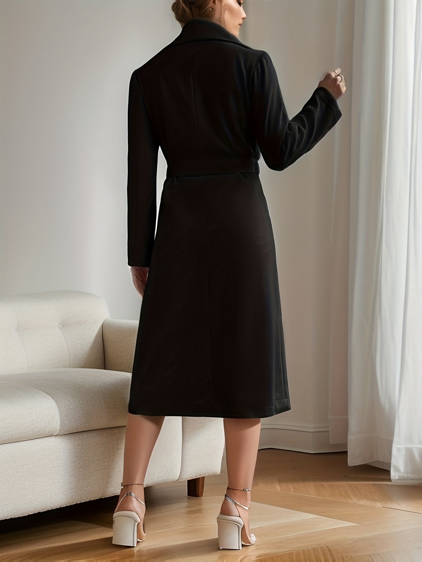 Solid Dual Pockets Notch Collar Overcoat, Casual Long Sleeve Belted Coat For Fall & Winter, Women's Clothing