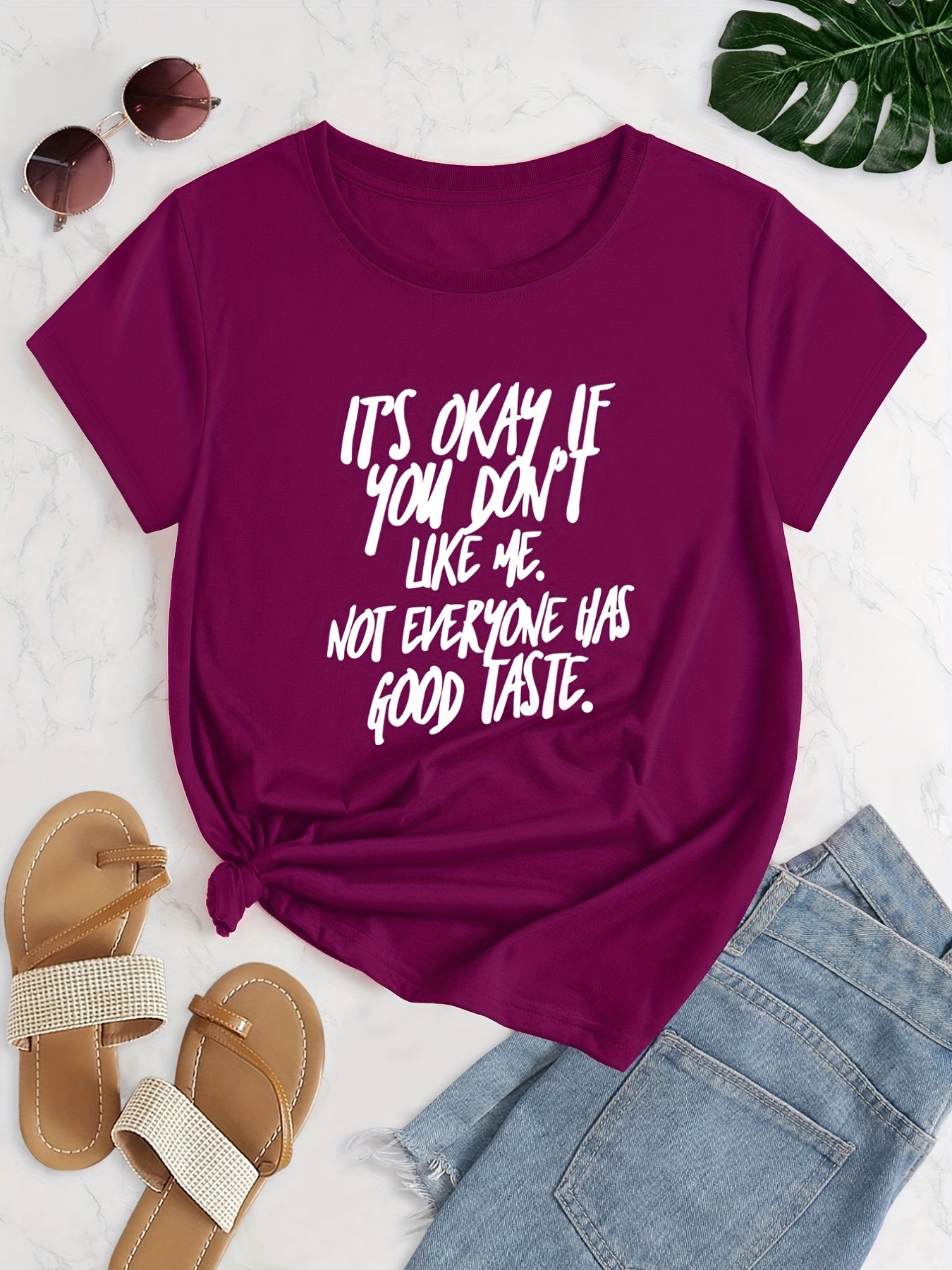 Plus Size Slogan Print Short Sleeve T-shirt, Women's Plus Slight Stretch Round Neck Casual T-shirt