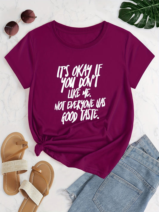 Plus Size Slogan Print Short Sleeve T-shirt, Women's Plus Slight Stretch Round Neck Casual T-shirt