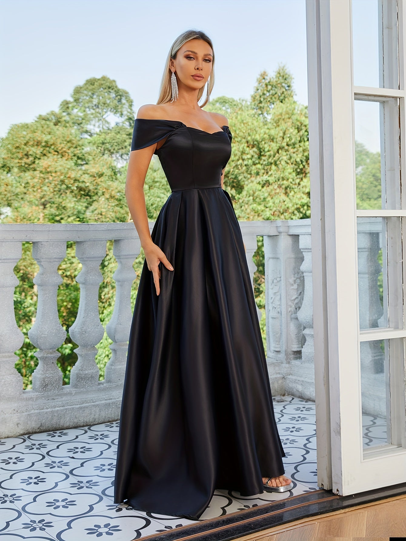 vlovelaw Solid Off Shoulder Aline Dress, Elegant Ruffle Hem Dress For Wedding Party, Women's Clothing