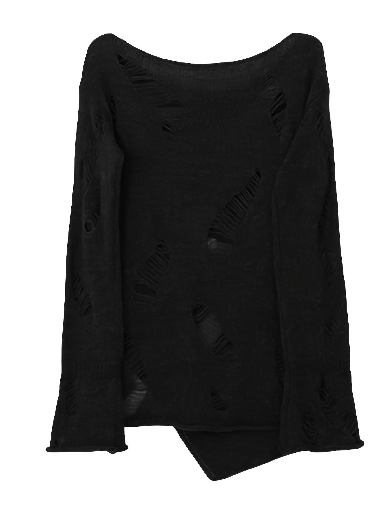 vlovelaw Y2K Solid Boat Neck Ripped Sweater, Asymmetrical Hem Long Sleeve Sweater For Spring & Fall, Women's Clothing