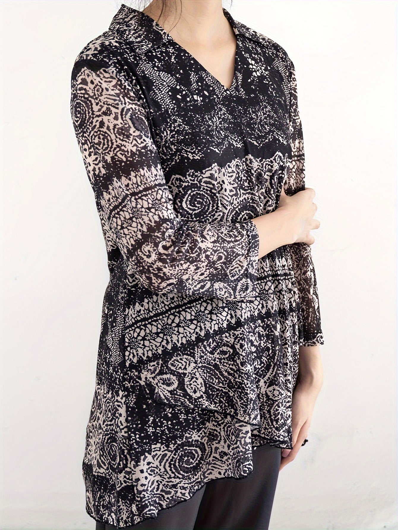 All Over Print V Neck Blouse, Elegant Long Sleeve Blouse For Spring & Fall, Women's Clothing