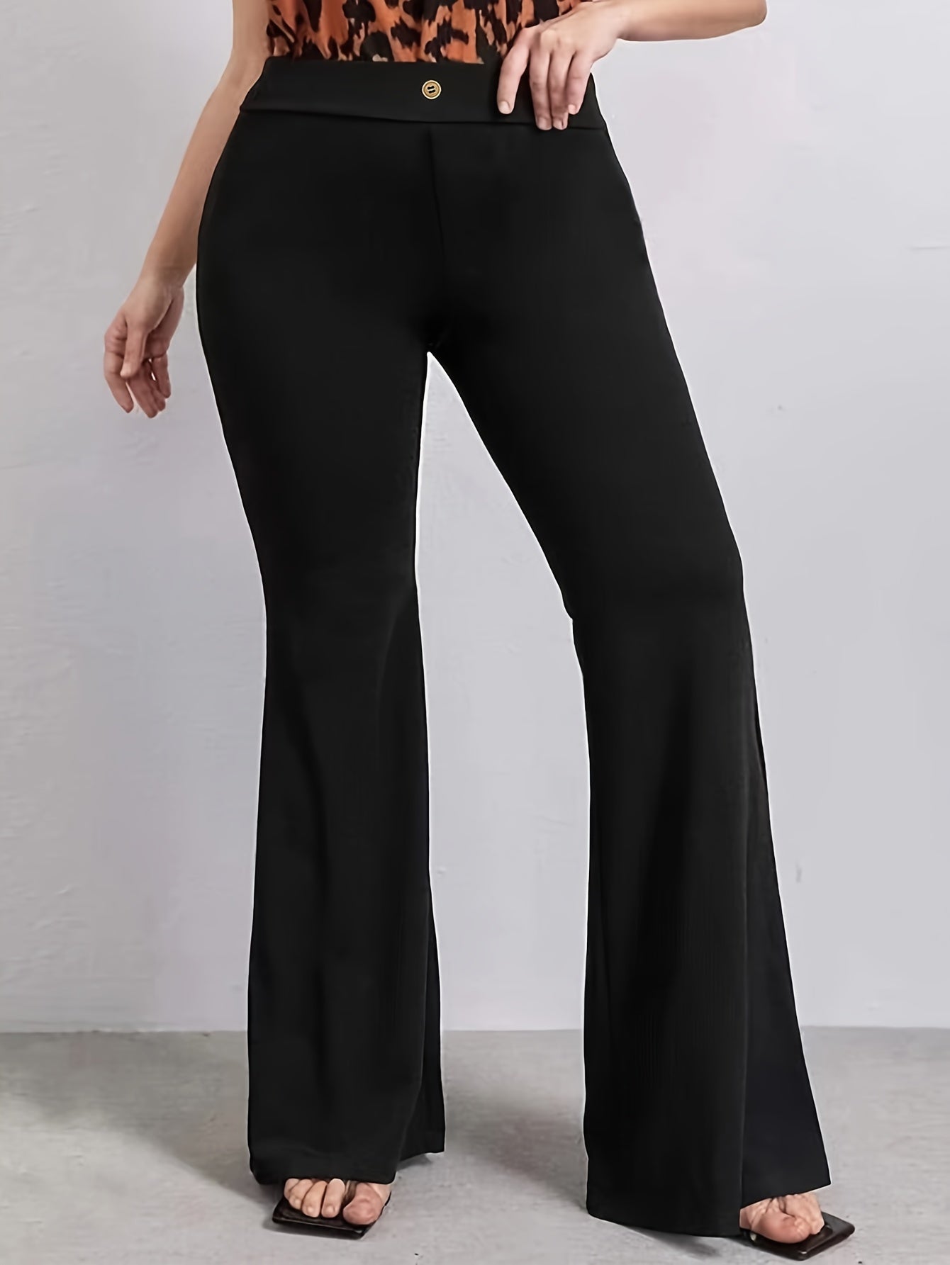 vlovelaw Plus Size Solid Flare Leg Pants, Elegant Pants For Spring & Summer, Women's Plus Size Clothing