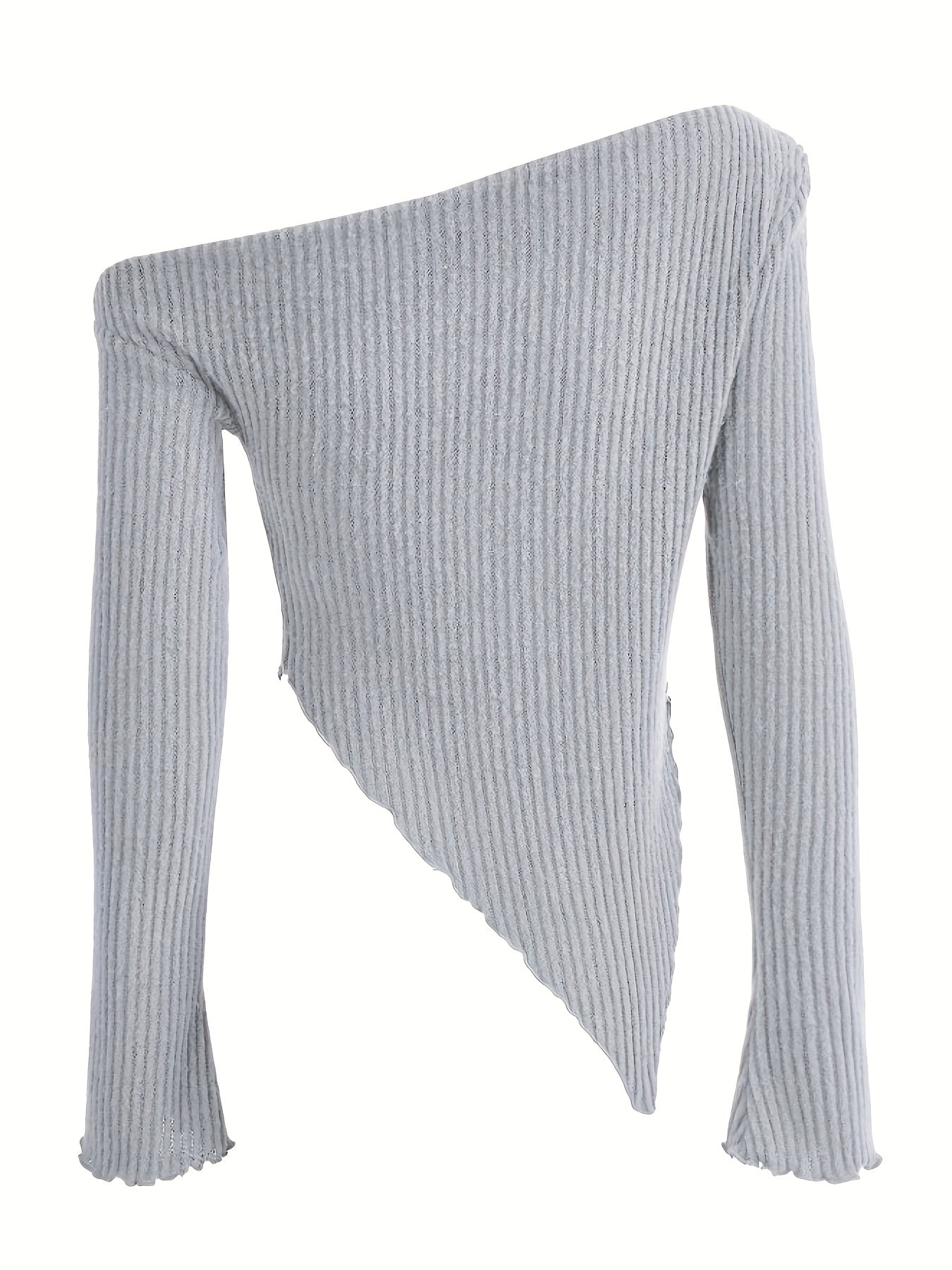 vlovelaw Solid Ruched Asymmetrical Neck T-Shirt, Casual Hanky Hem Long Sleeve Top For Spring & Fall, Women's Clothing