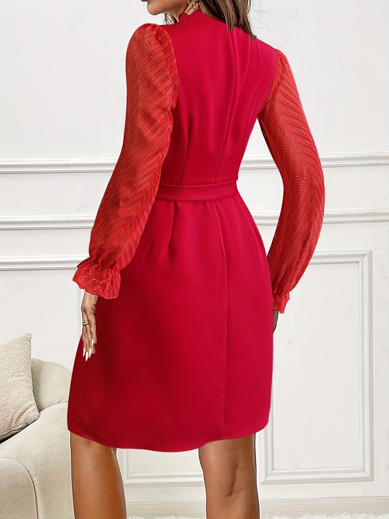 vlovelaw Solid Mock Neck Dress, Elegant Illusion Sleeve Belted Dress, Women's Clothing