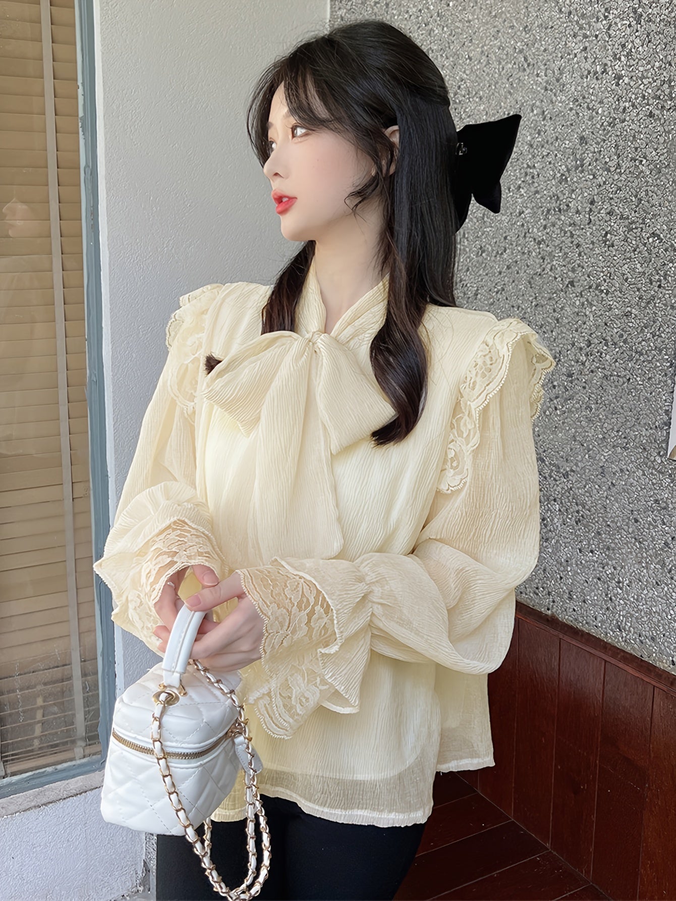 vlovelaw Solid Contrast Lace Blouse, Elegant Tie Neck Long Sleeve Blouse, Women's Clothing