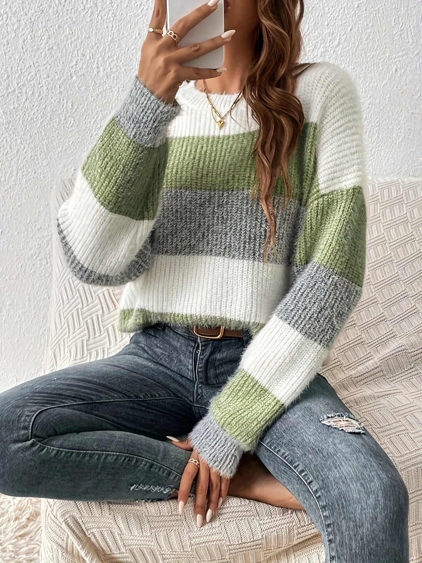 Color Block Crew Neck Pullover Sweater, Casual Long Sleeve Sweater For Fall & Winter, Women's Clothing