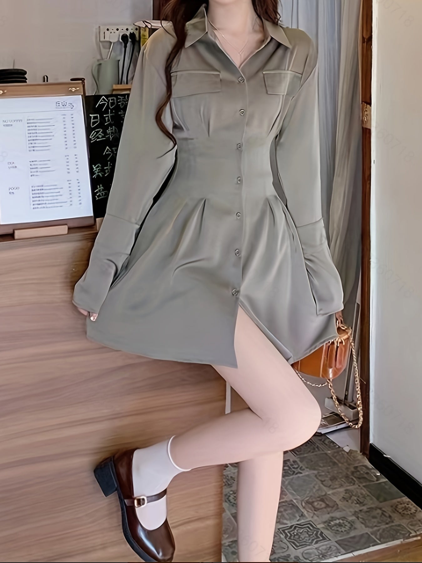 vlovelaw Button Front Tucked Dress, Casual Solid Long Sleeve Collared Shirt Dress, Women's Clothing