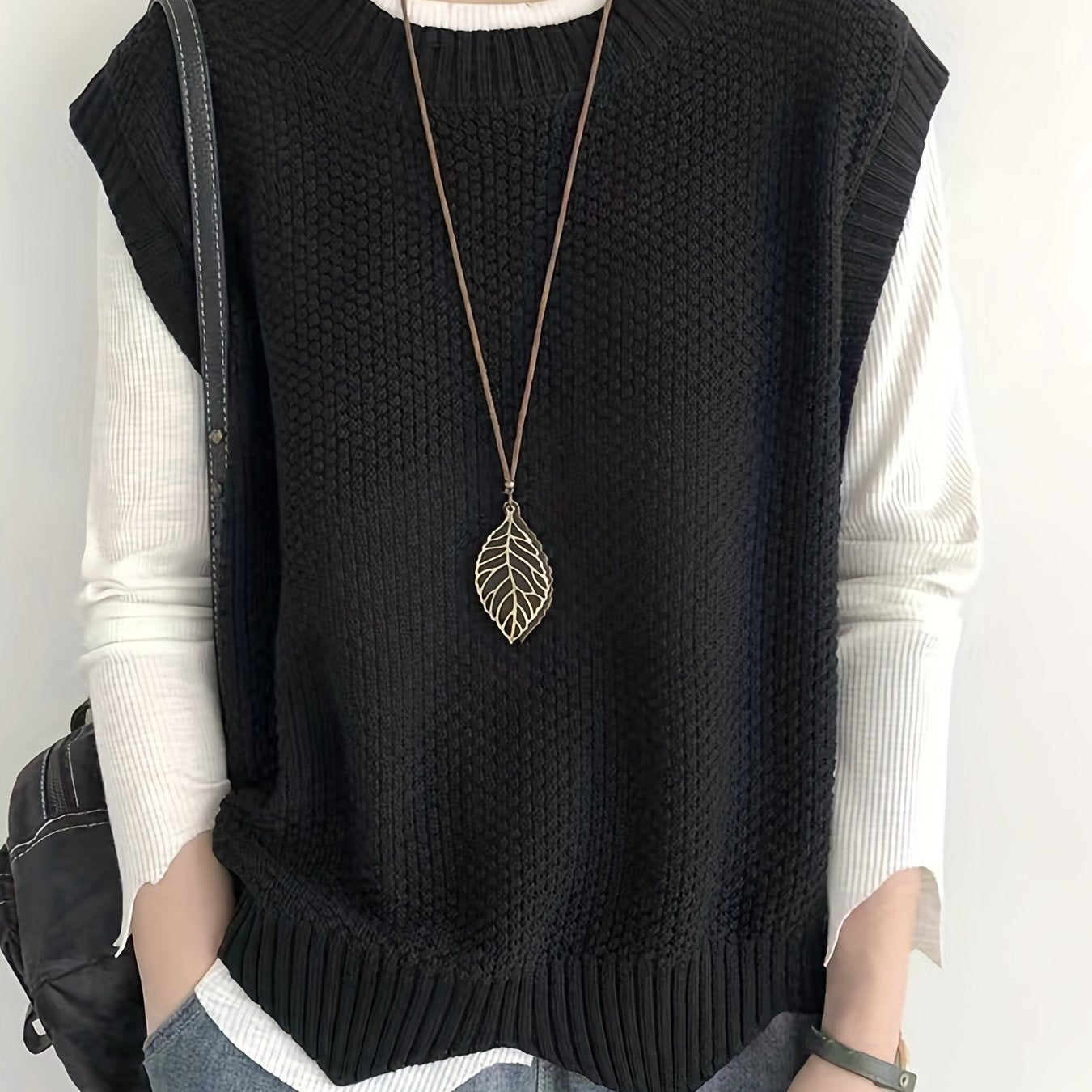 vlovelaw vlovelaw Solid Crew Neck Sweater Vest, Casual Sleeveless Vest For Spring & Fall, Women's Clothing