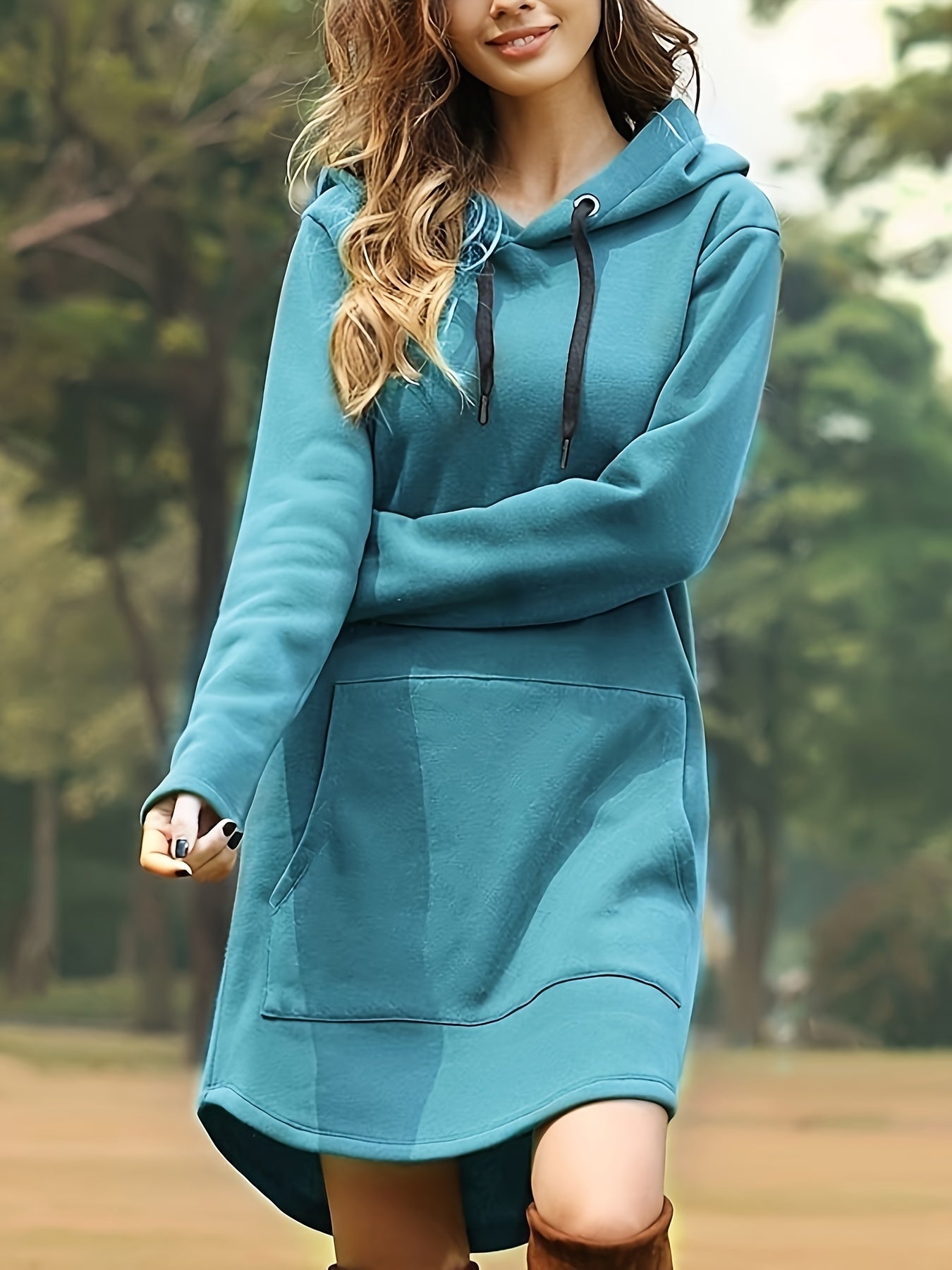 Solid Drawstring Pocket Hooded Dress, Casual Long Sleeve Dress For Spring & Fall, Women's Clothing