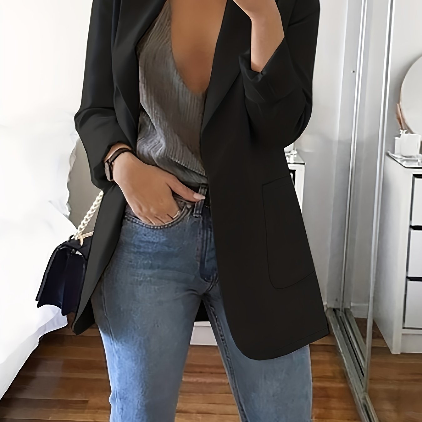 Solid Lapel Blazer, Casual Long Sleeve Open Front Work Office Outerwear, Women's Clothing