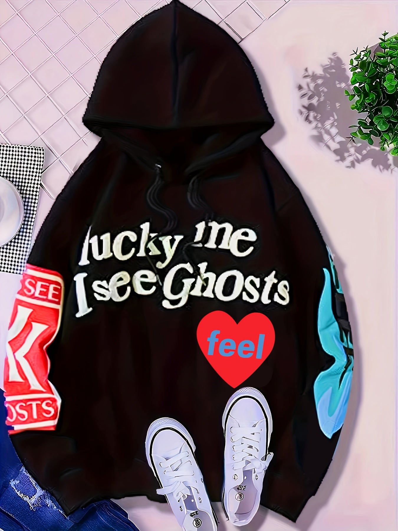 vlovelaw Lucky Me I See Ghosts Letter Graphic Casual Sports Sweatshirt For Halloween, Fashion Hip Hop Pullover Hoodie, Women's Tops