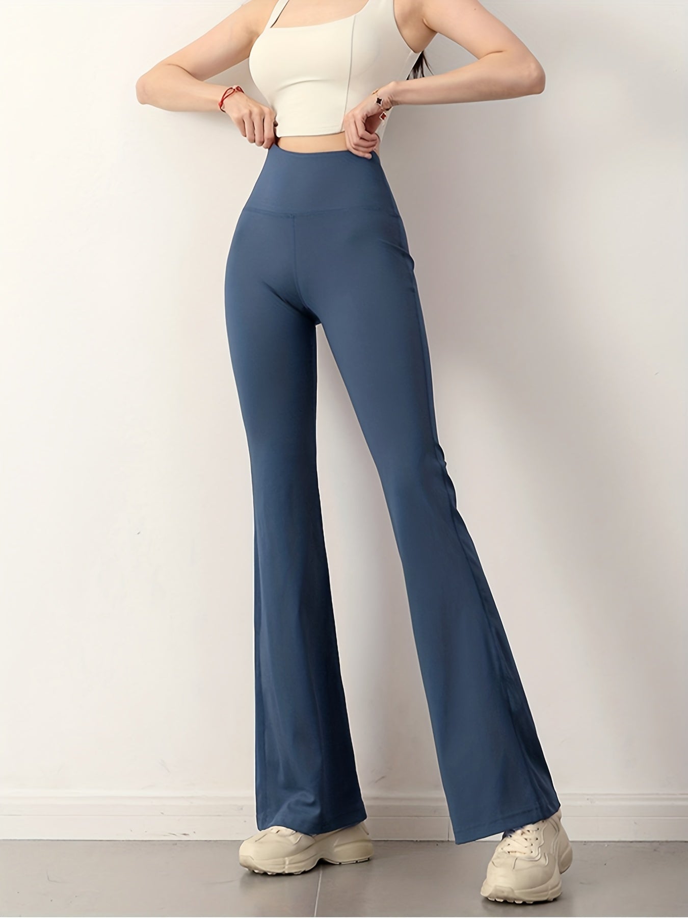Flare Yoga Pants For Women, High Waist Solid Color Tummy Control Casual Gym Workout Flared Pants, Women's Activewear