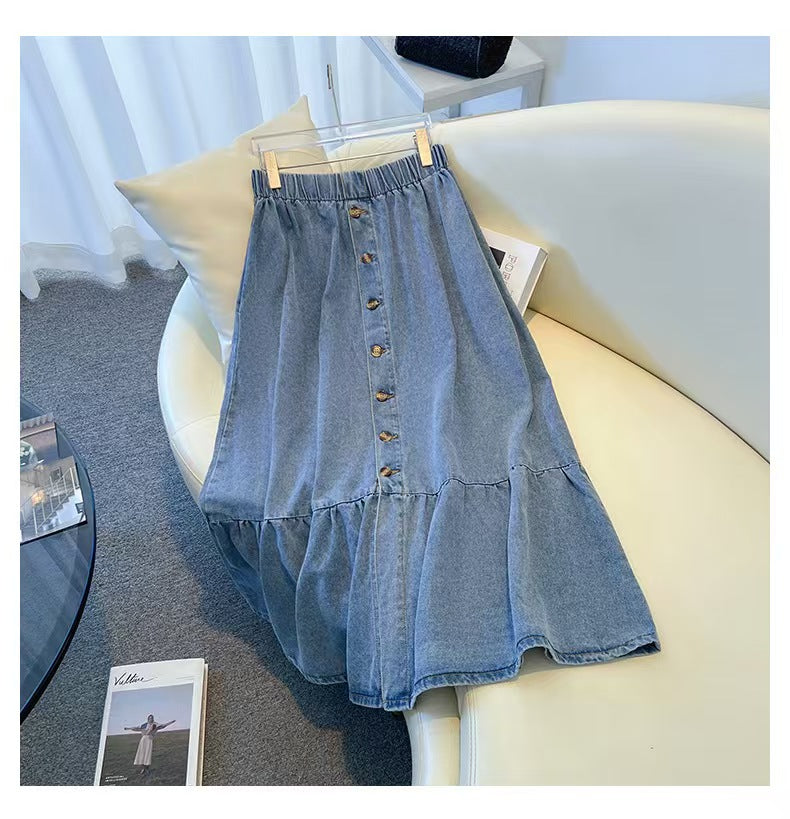 vlovelaw Blue Ruffle Hem Denim Midi Skirt, Single Breasted Button Washed Elegant Denim Skirt, Women's Denim Clothing