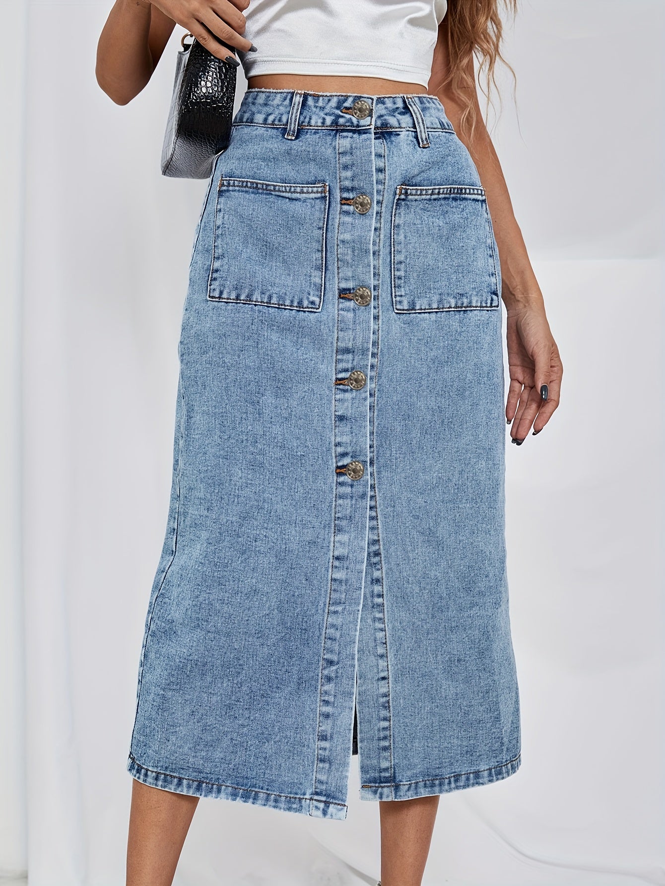 vlovelaw Single-breasted Button Denim Skirts, Patched Pocket Slim Fitted Elegant Denim Skirts, Women's Denim Clothing