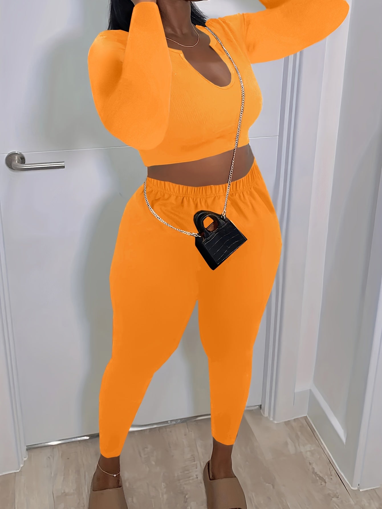 Sexy Matching Two-piece Set, Short Sleeve Crop Top & Skinny Pants Outfits, Women's Clothing