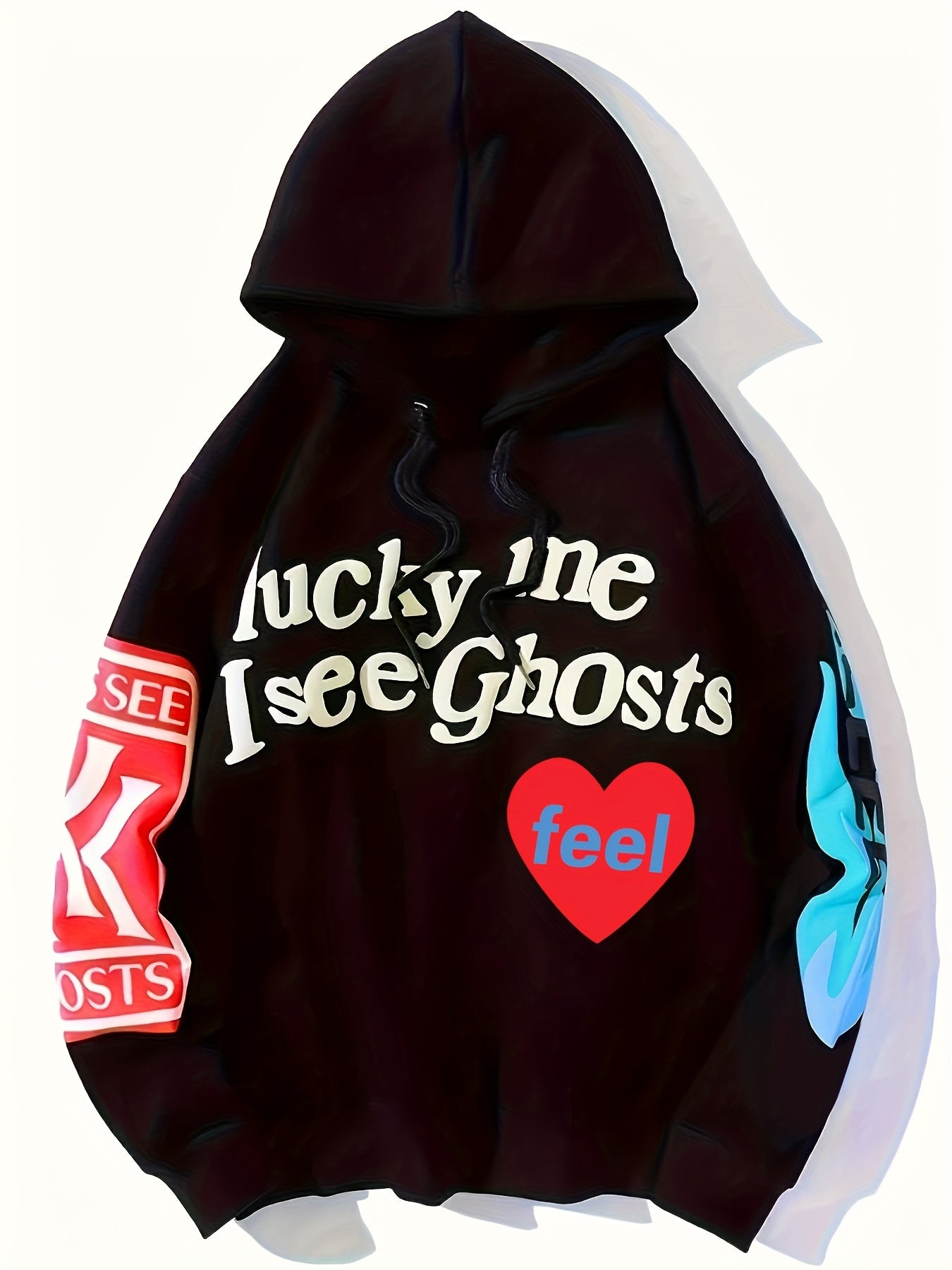 vlovelaw Lucky Me I See Ghosts Letter Graphic Casual Sports Sweatshirt For Halloween, Fashion Hip Hop Pullover Hoodie, Women's Tops