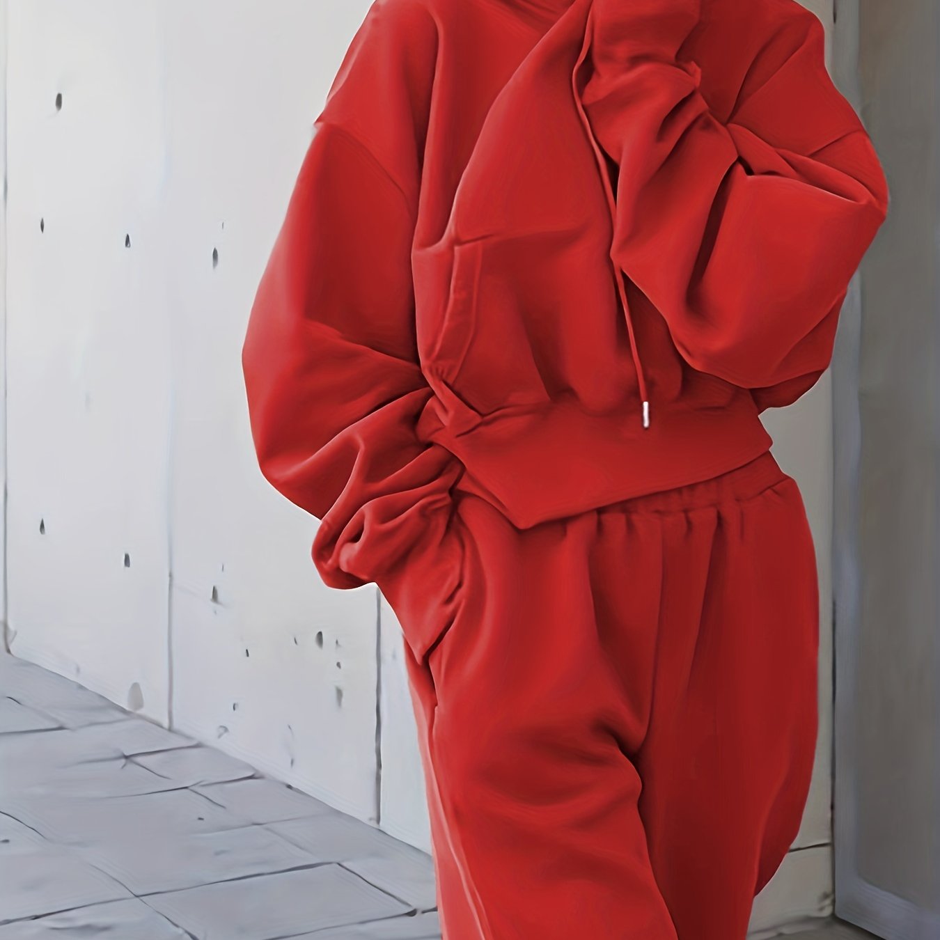 vlovelaw 2pcs Athleisure Set, Oversized Solid Hooded Pocket Drawstring Sweatshirts & Sweatpants Sets, Women's Clothing