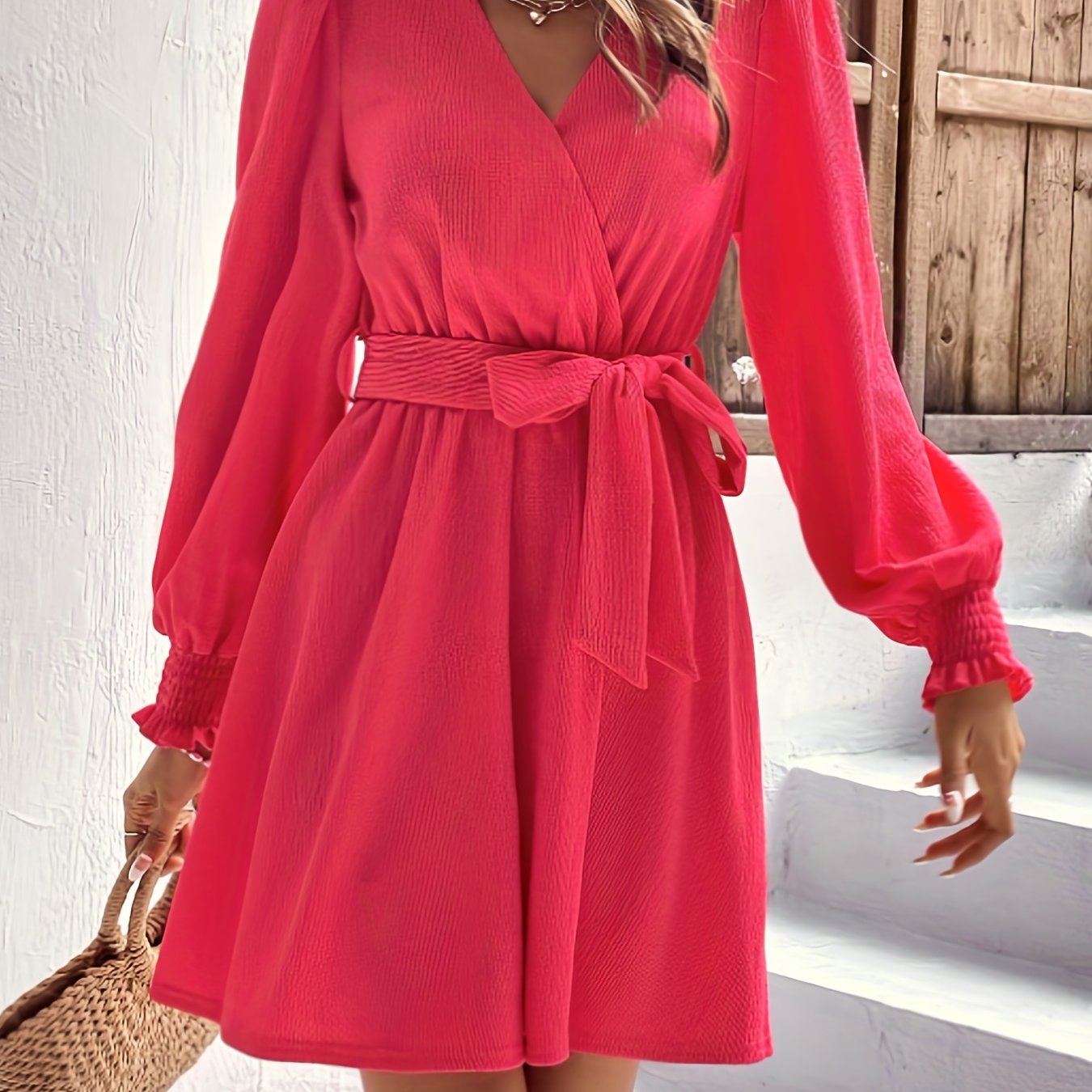 Shirred Surplice Neck Dress, Casual Long Sleeve Pleated Dress, Women's Clothing