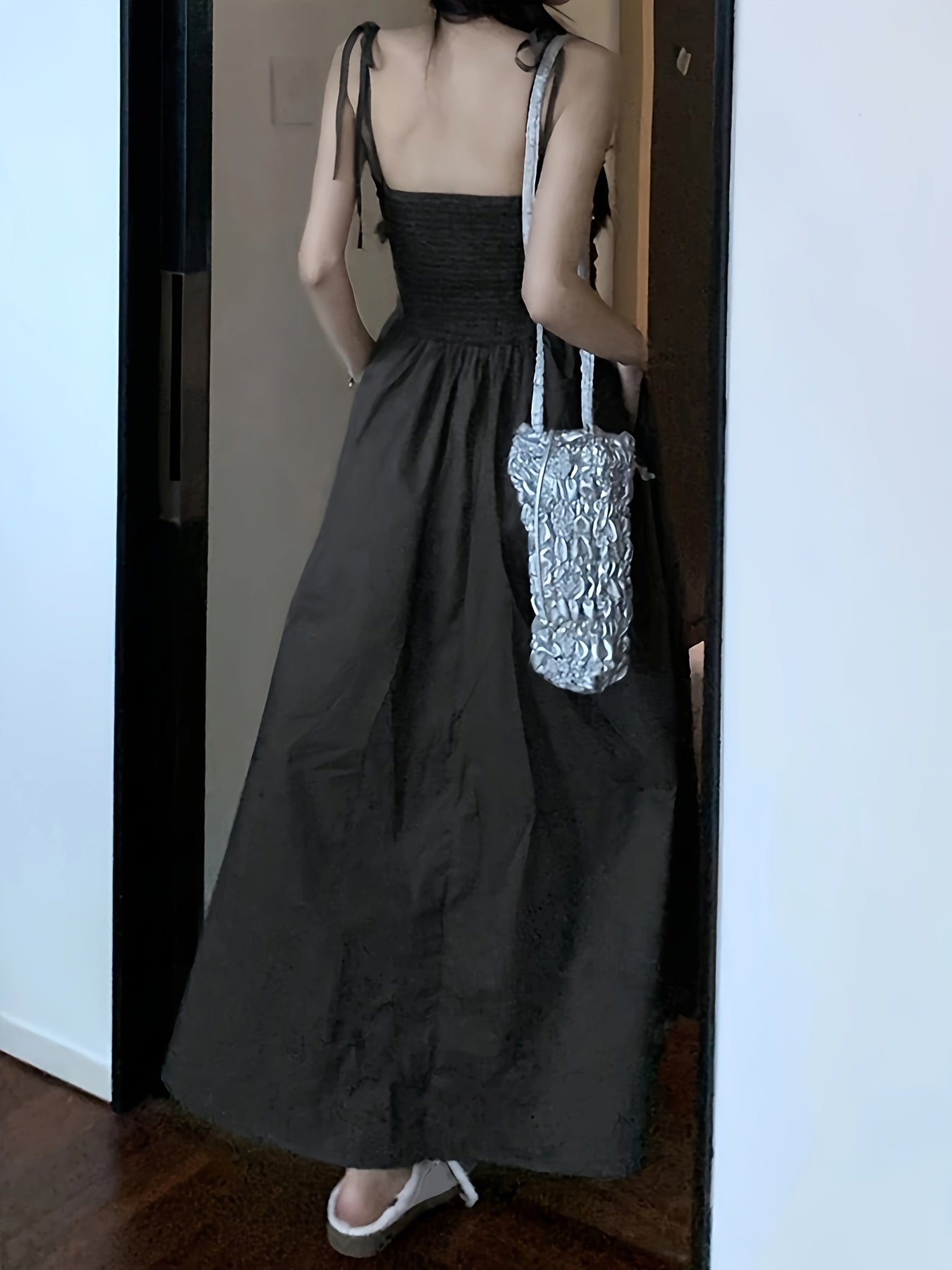 vlovelaw Solid Ruched Cami Dress, Casual Sleeveless Lace Up Maxi Dress, Women's Clothing