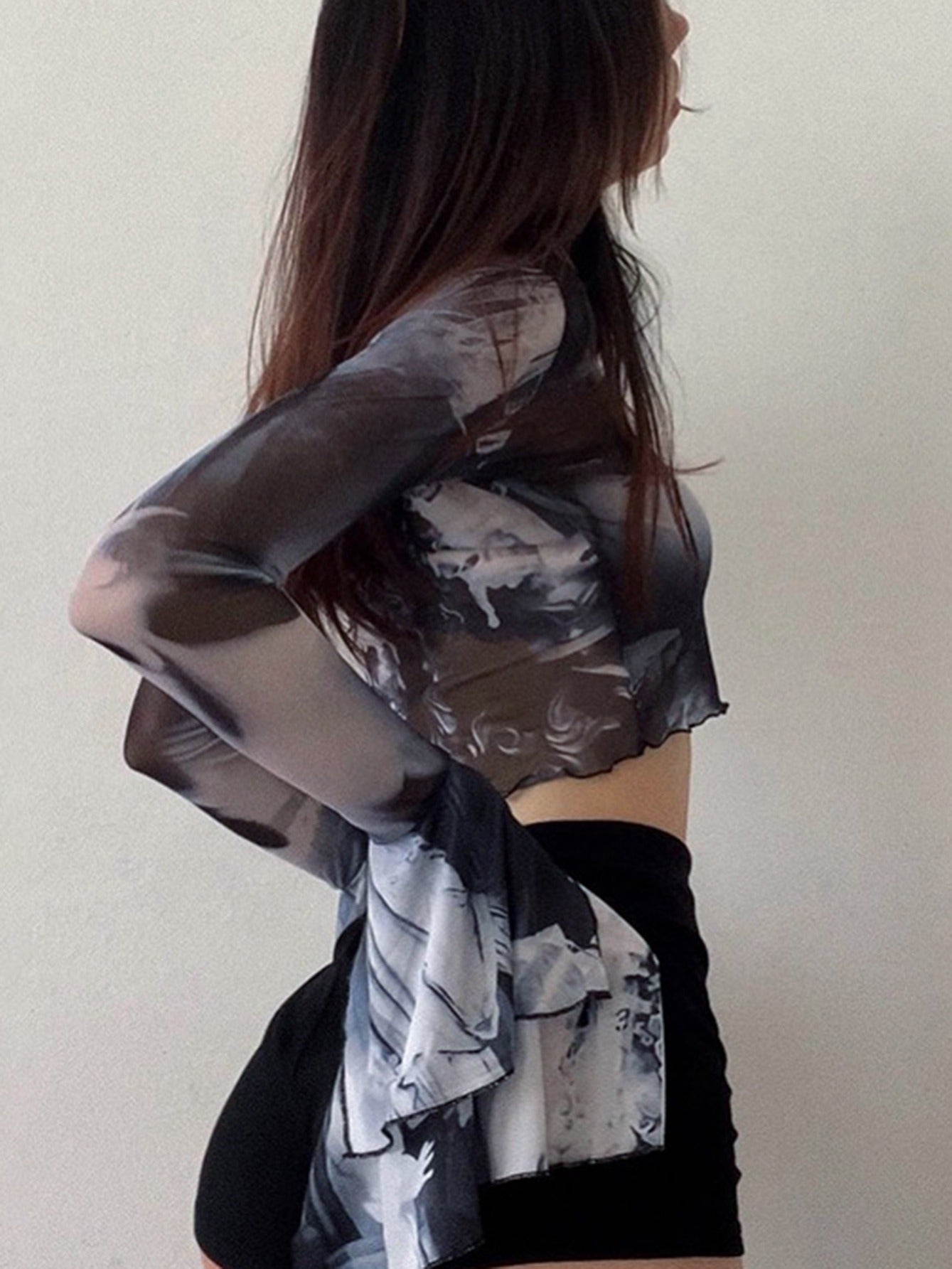 vlovelaw Y2K Mesh Flared Sleeve Crop Top, Sexy Long Sleeve Crew Neck Top, Women's Clothing