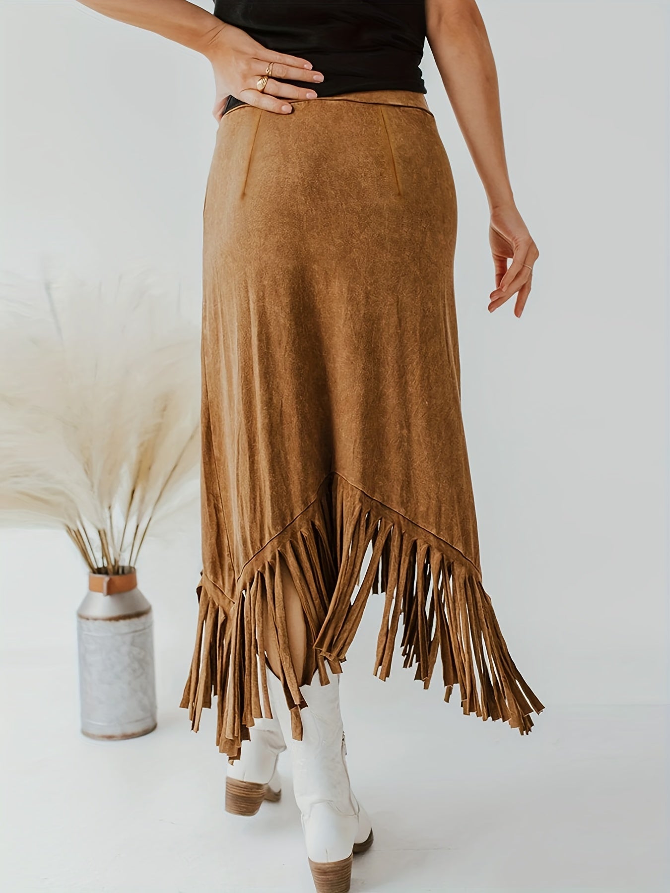 Tassel High Waist Skirts, Vintage Solid Midi Skirts For Spring & Fall, Women's Clothing