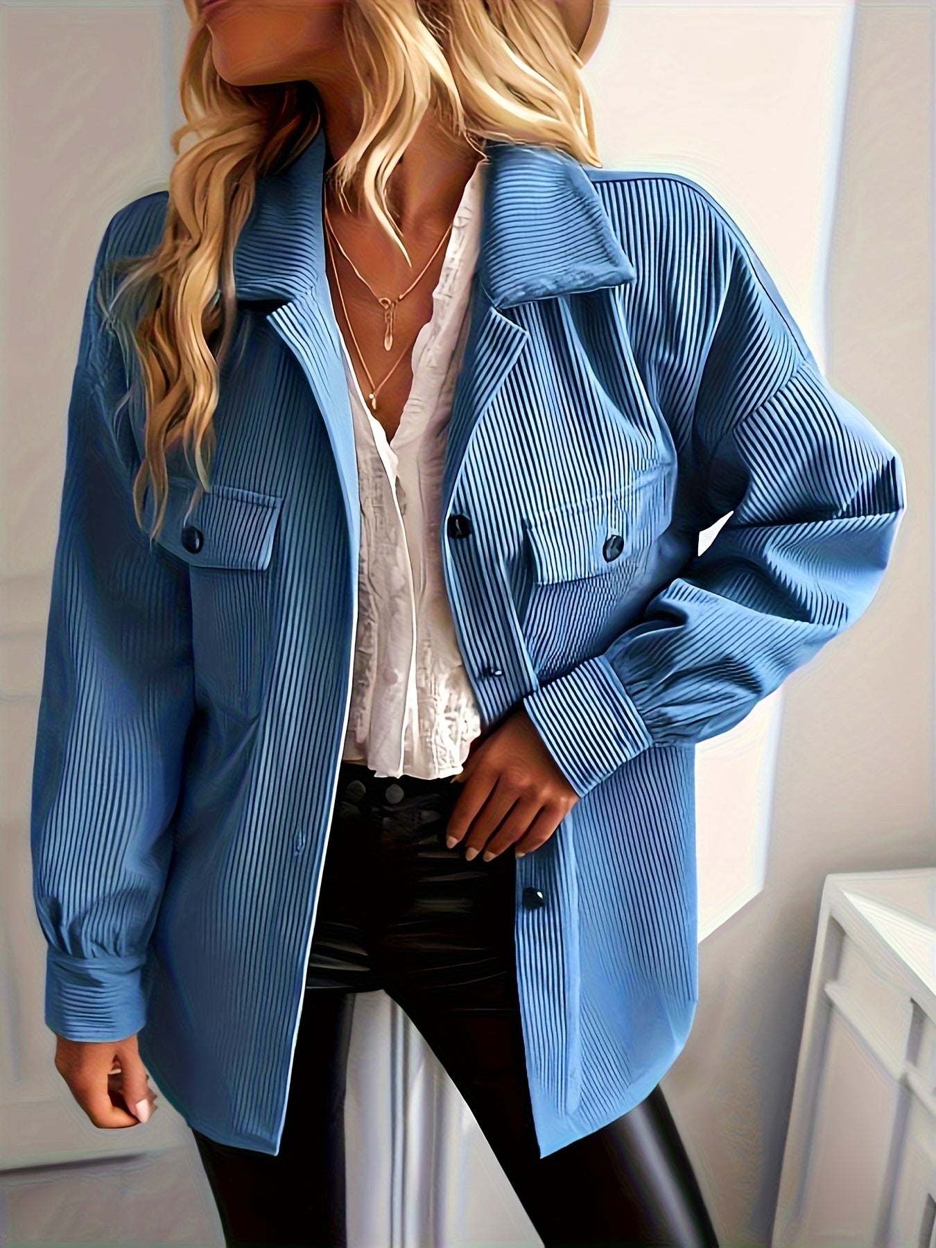 vlovelaw Solid Shacket Jacket, Casual Button Front Long Sleeve Outerwear, Women's Clothing