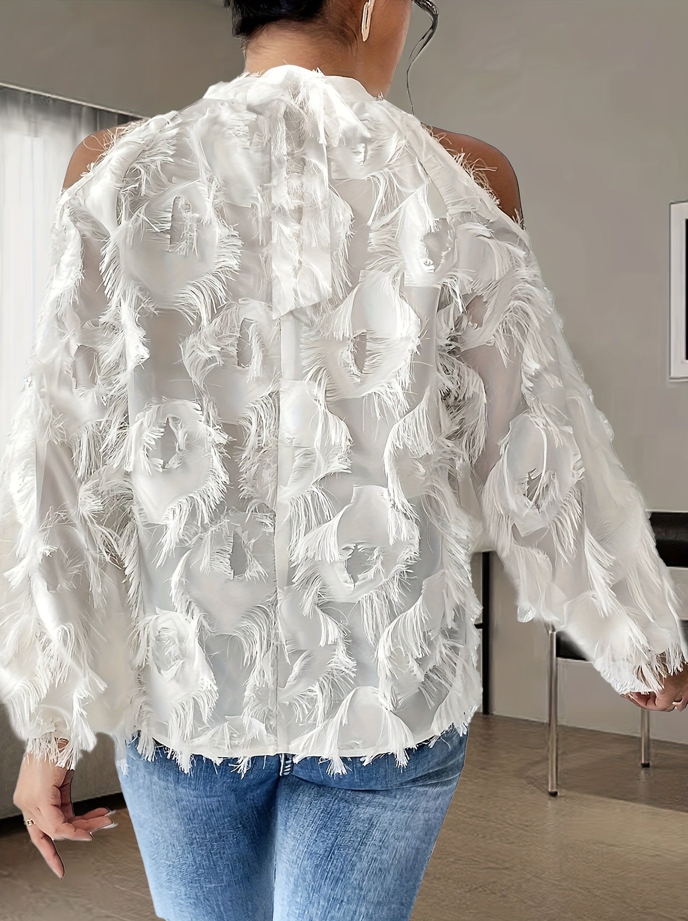 vlovelaw Plus Size Fringe Trim Top, Casual Cold Shoulder Long Sleeve Top, Women's Plus Size Clothing