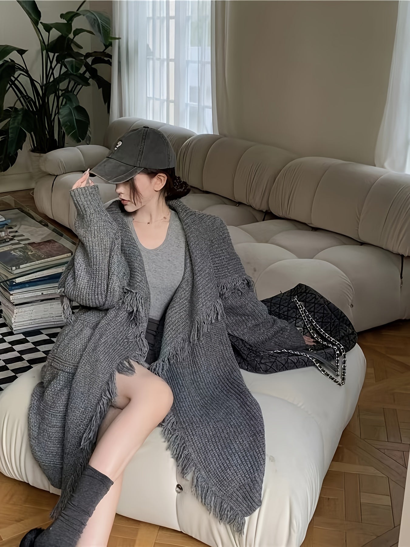 vlovelaw vlovelaw Fringe Trim Open Front Solid Cardigan, Long Sleeve Cardigan For Fall & Winter, Women's Clothing