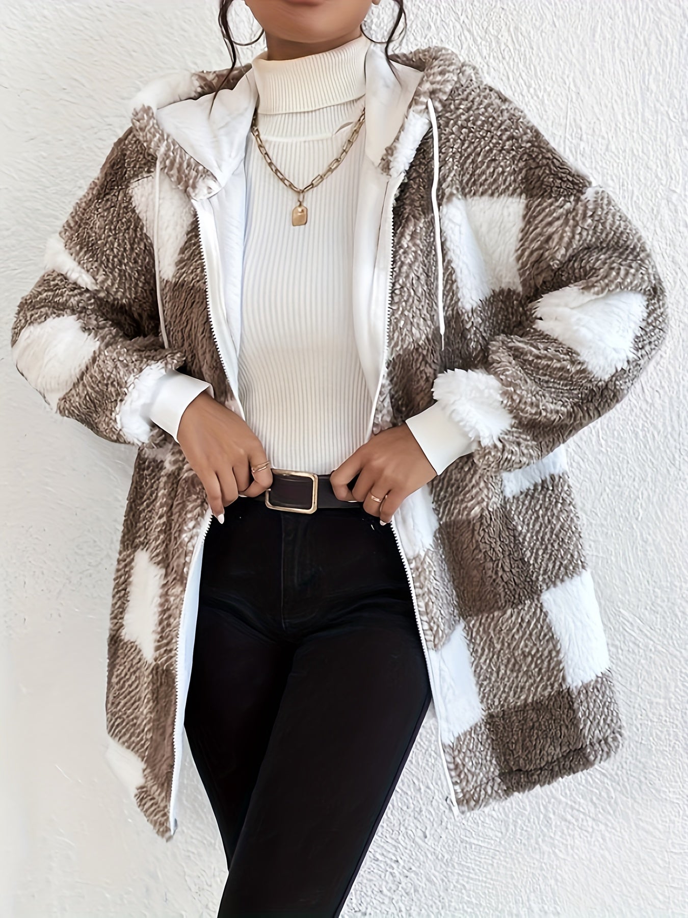 vlovelaw  Plaid Print Teddy Hooded Jacket, Casual Zip Up Drawstring Outerwear, Women's Clothing