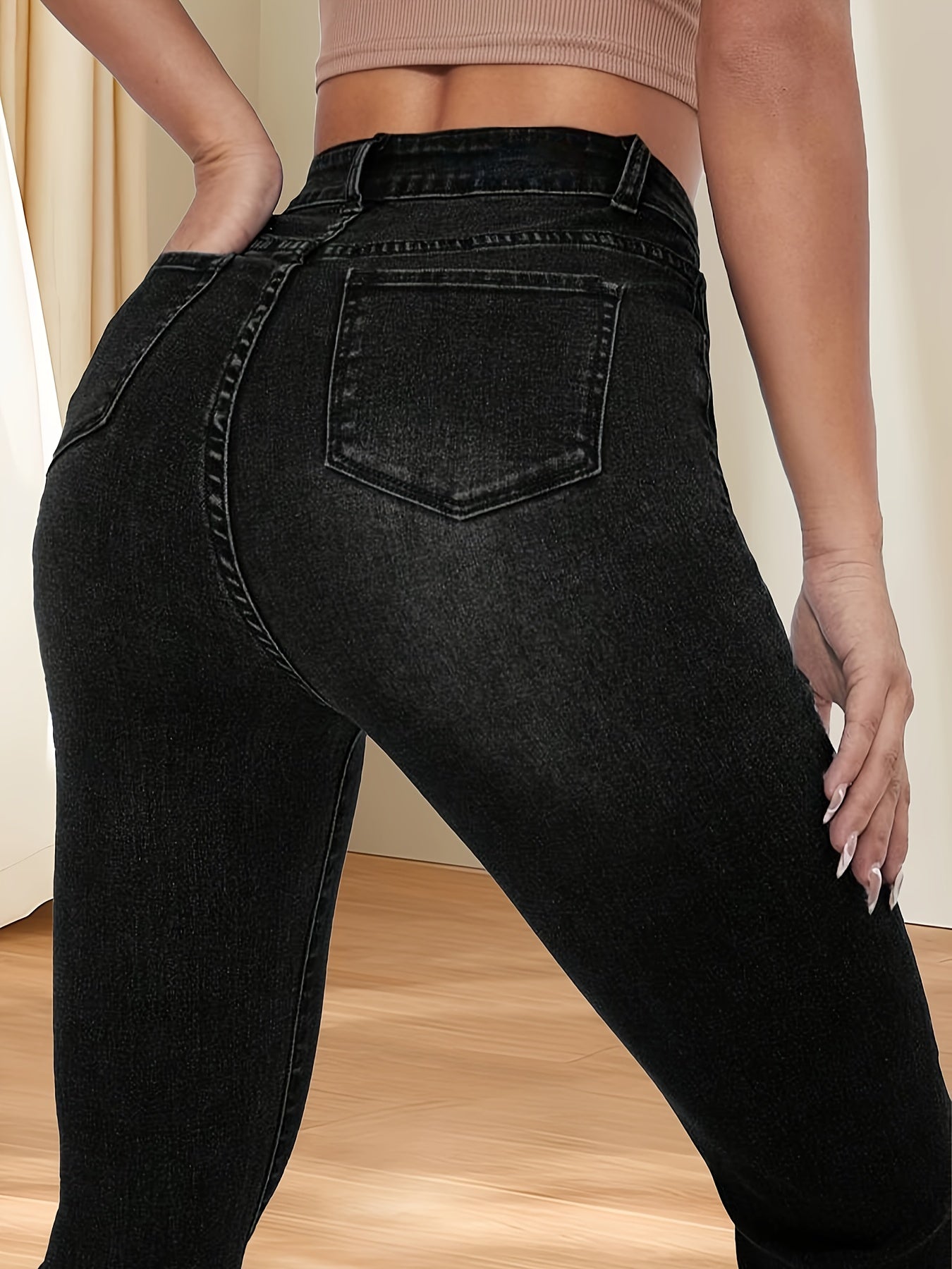 vlovelaw Black Slant Pockets Flare Jeans, High Stretch Washed Bell Bottom Jeans, Women's Denim Jeans & Clothing