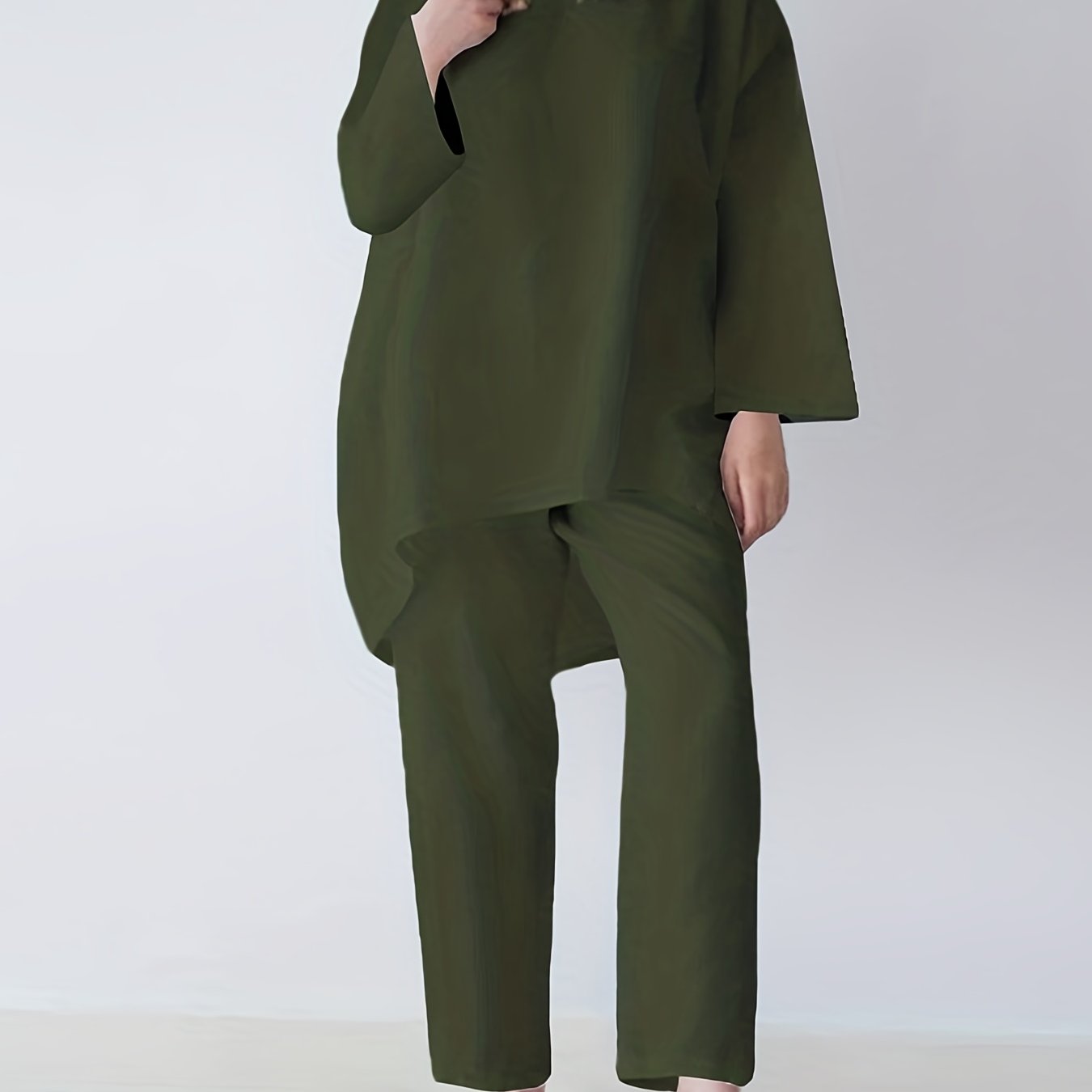 vlovelaw Solid Casual Two-piece Set, Long Sleeve Crew Neck Loose Tops & Wide Leg Pants Outfits, Women's Clothing